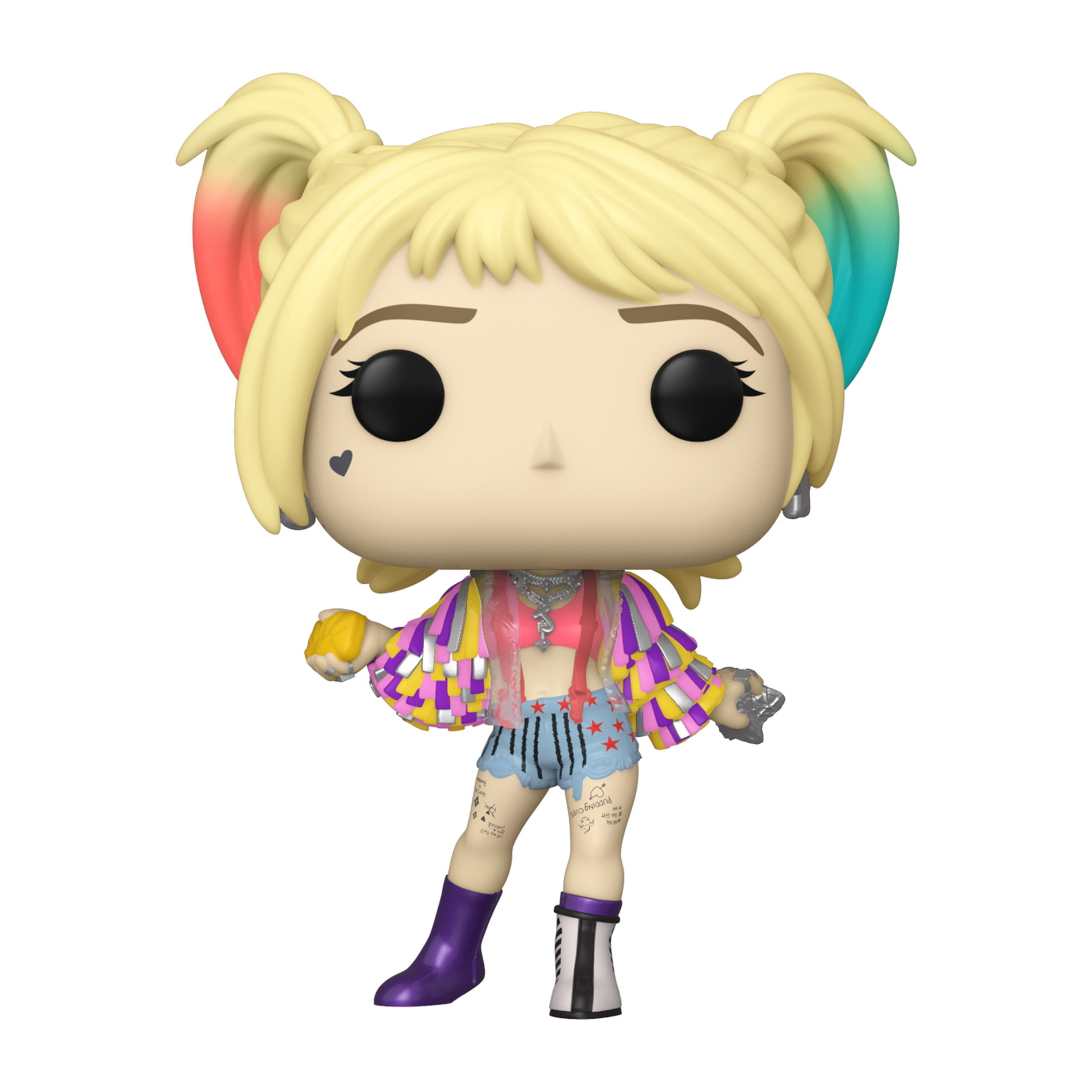 Eine Funko Pop Figur von Harley Quinn, mit blonden Haaren, Jacke, Shorts und Stiefeln. Sie hält einen gelben Ball.