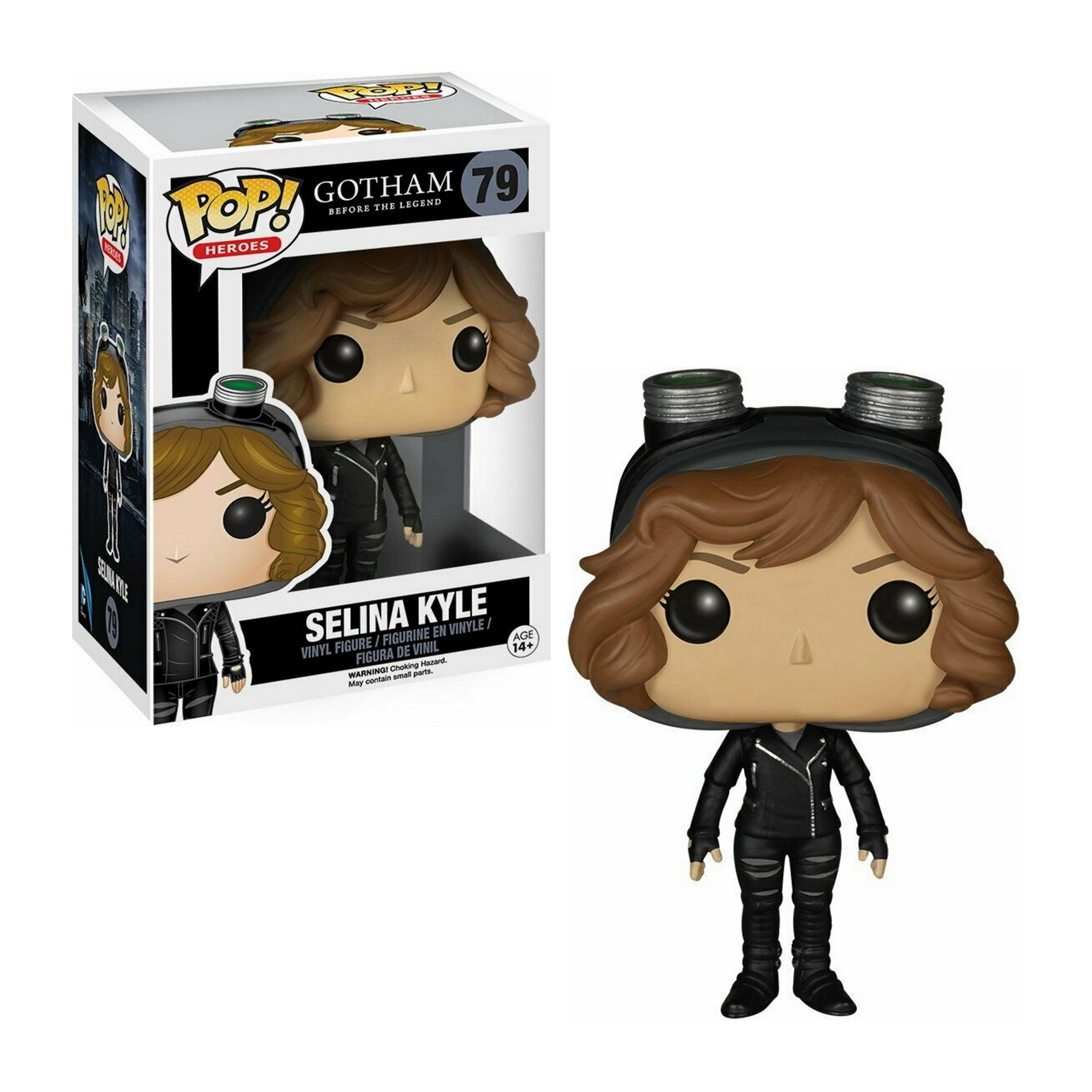 Funko Pop Figur von Selina Kyle in schwarzer Kleidung, braunen Haaren und Brille. Box mit Bild sichtbar.