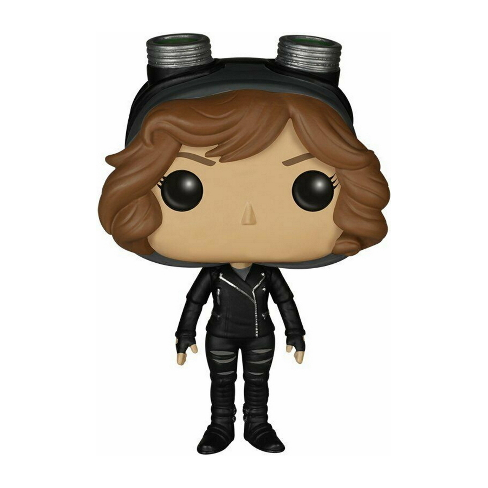 Catwoman Figur mit schwarzem Anzug und Brille, auf Oberfläche stehend.