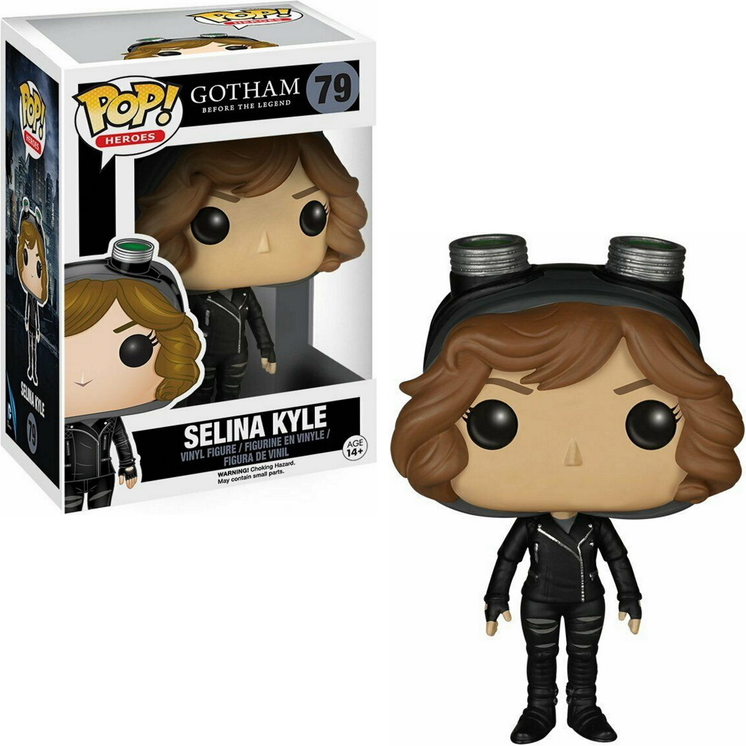 Funko Pop von Selina Kyle aus Gotham, in schwarzem Outfit und katzenartigen Schutzbrillen.