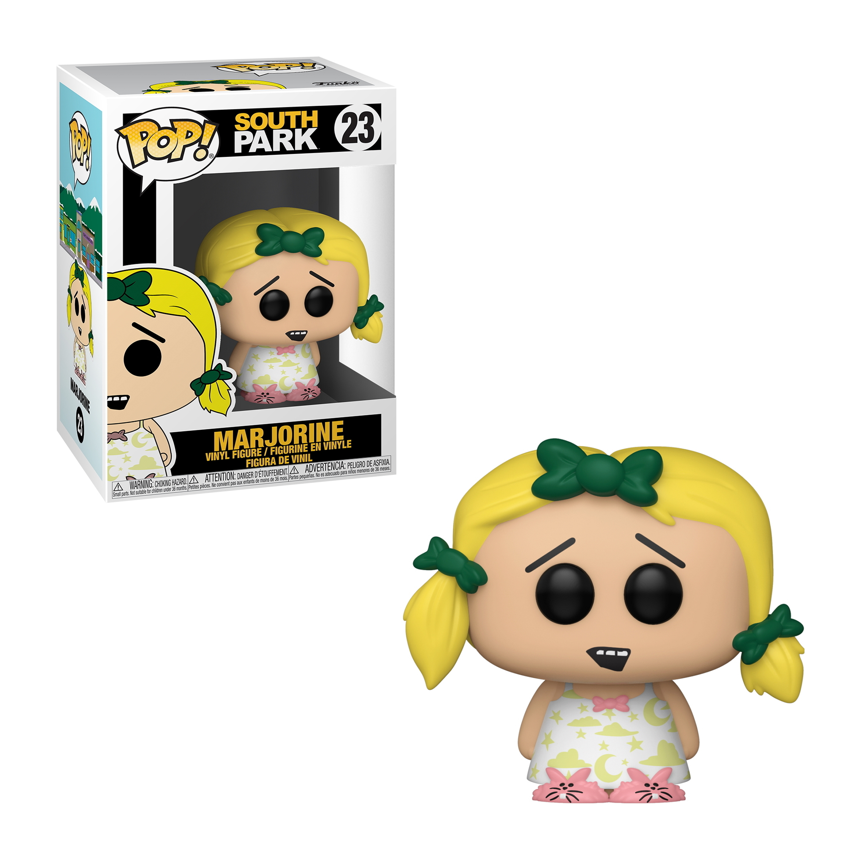 Marjorine Funko Pop Figur, trägt ein Kleid mit grüner Schleife, mit passender Box im Hintergrund.