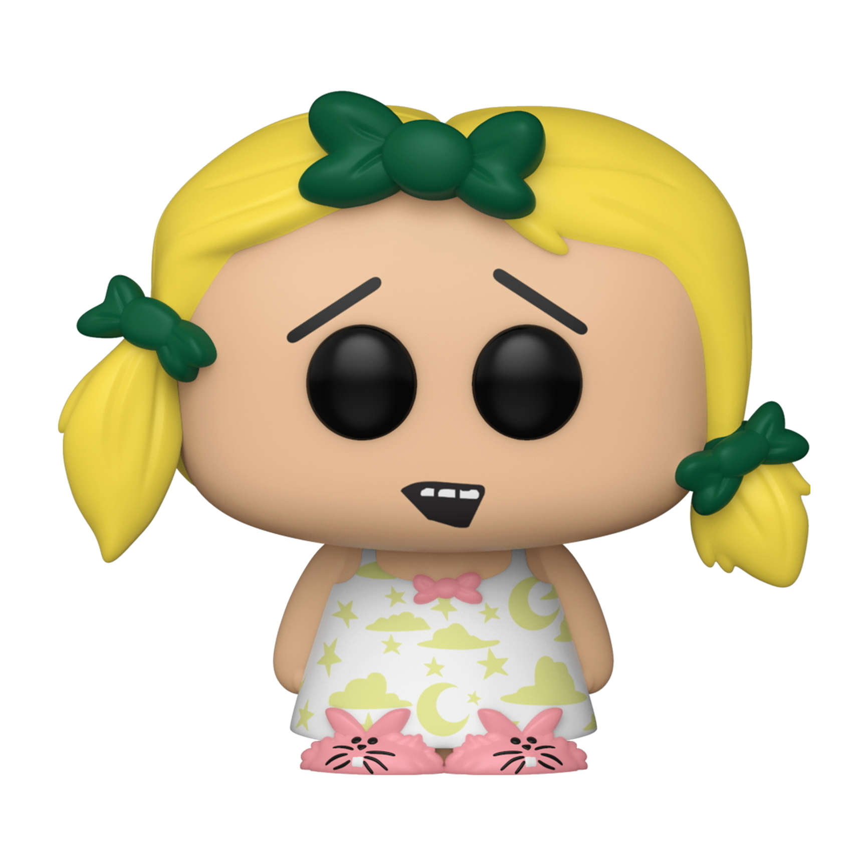 Eine Funko Pop Figur eines Mädchens mit blonden Zöpfen und einer grünen Schleife. Sie trägt Pyjamas.