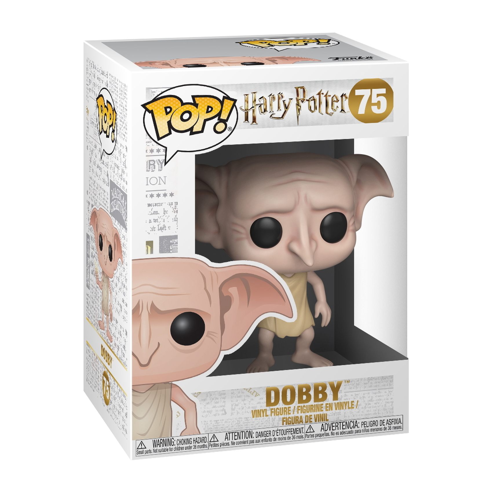 Dobby Figur in einer Box. Er ist ein kleines Wesen mit großen Ohren und Augen und trägt ein helles Tuch.