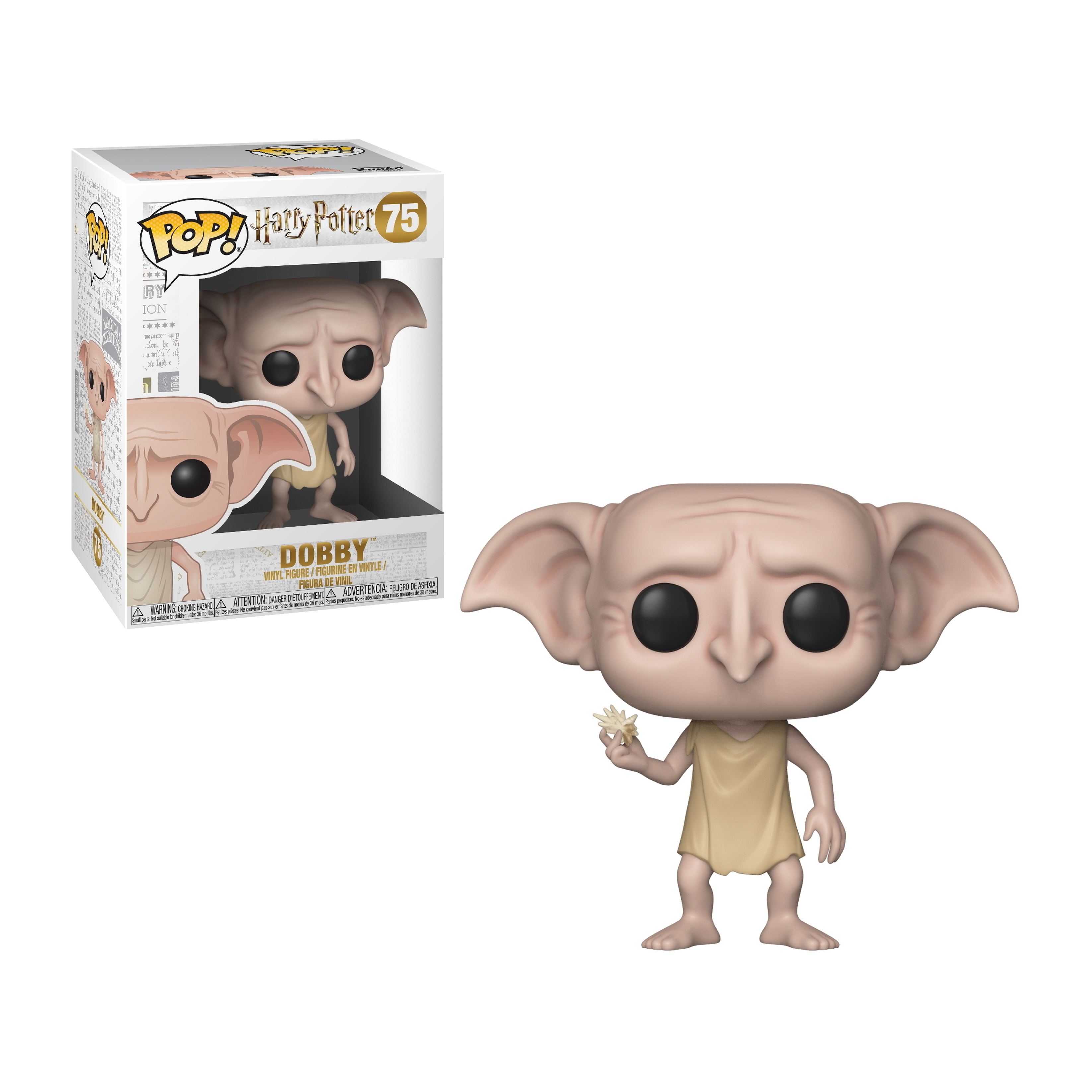 Dobby Figur hält eine Blume. Beige Outfit, große Ohren und große schwarze Augen. In Box.