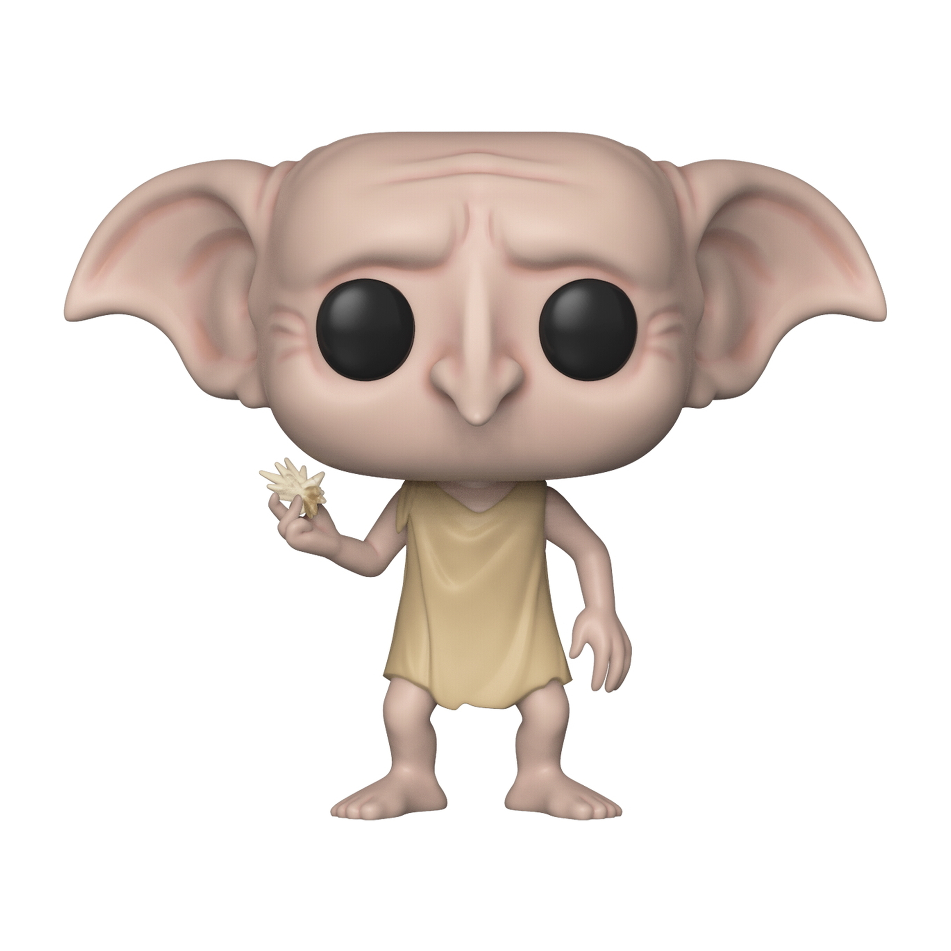 Dobby-Figur, die eine Blume hält, mit großen schwarzen Augen und brauner Haut.