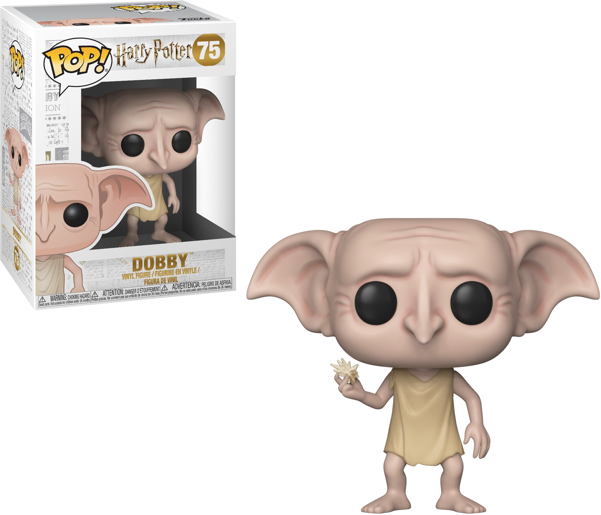 Dobby Funko Pop Figur. Große Ohren, hält eine Blume, in einem beigen Outfit.