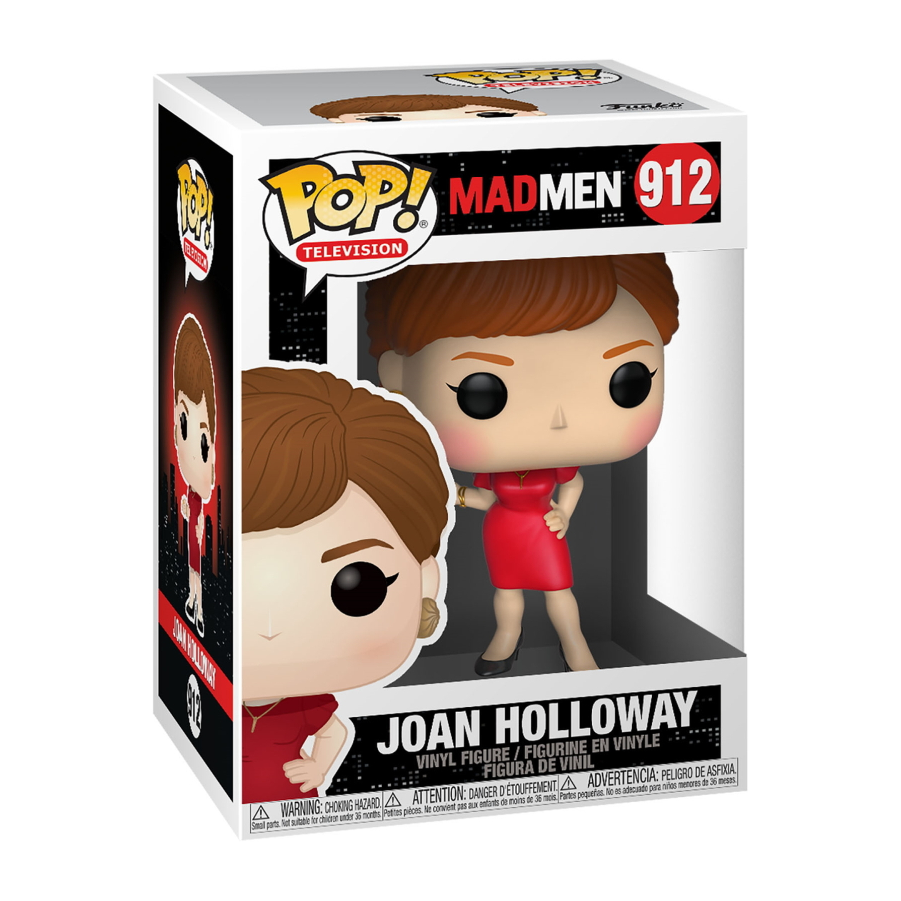 Joan Holloway Funko Pop Figur in einer Box, in einem roten Kleid. Box hat Mad Men und Pop! Logo.