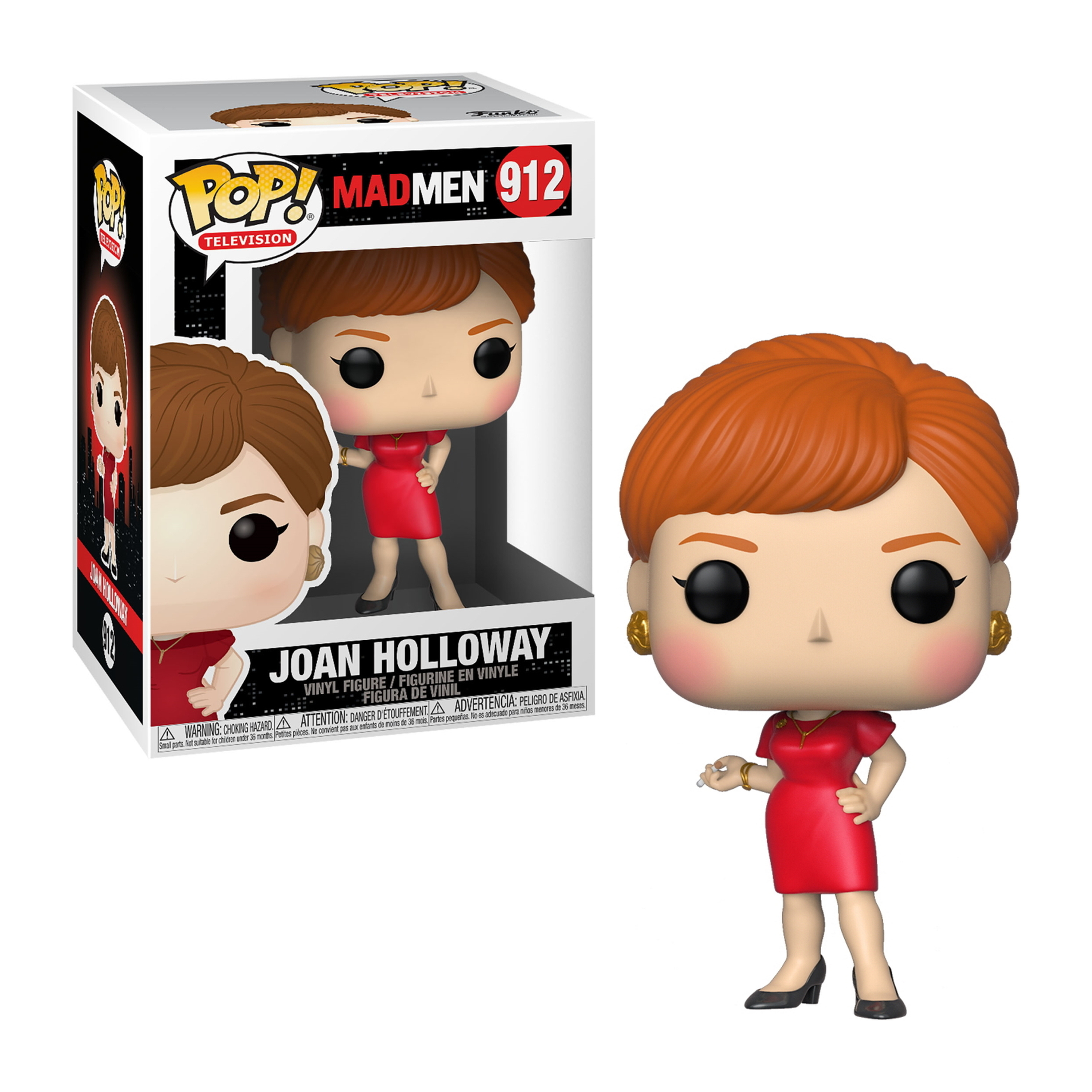 Joan Holloway Funko Pop Figur in Box und ausgestellt. Sie trägt ein rotes Kleid.