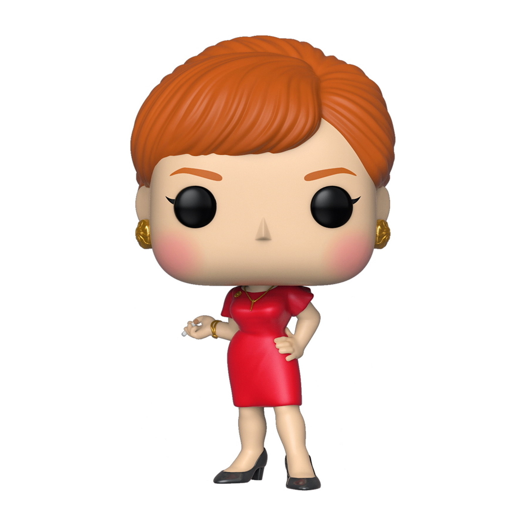 Rothaarige Frau Funko Pop Figur in einem roten Kleid. Goldene Ohrringe. Weißer Hintergrund.