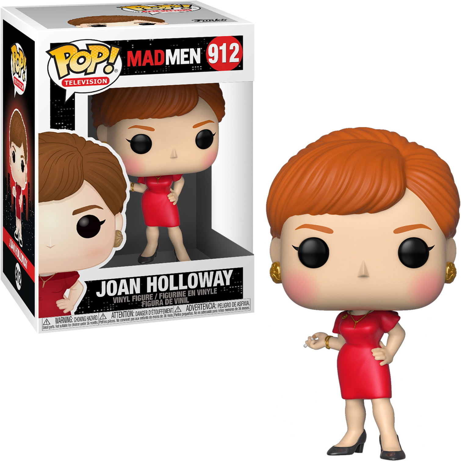 Joan Holloway Funko Pop Figur. Rotes Kleid, rotes Haar und hält eine Zigarettenspitze.