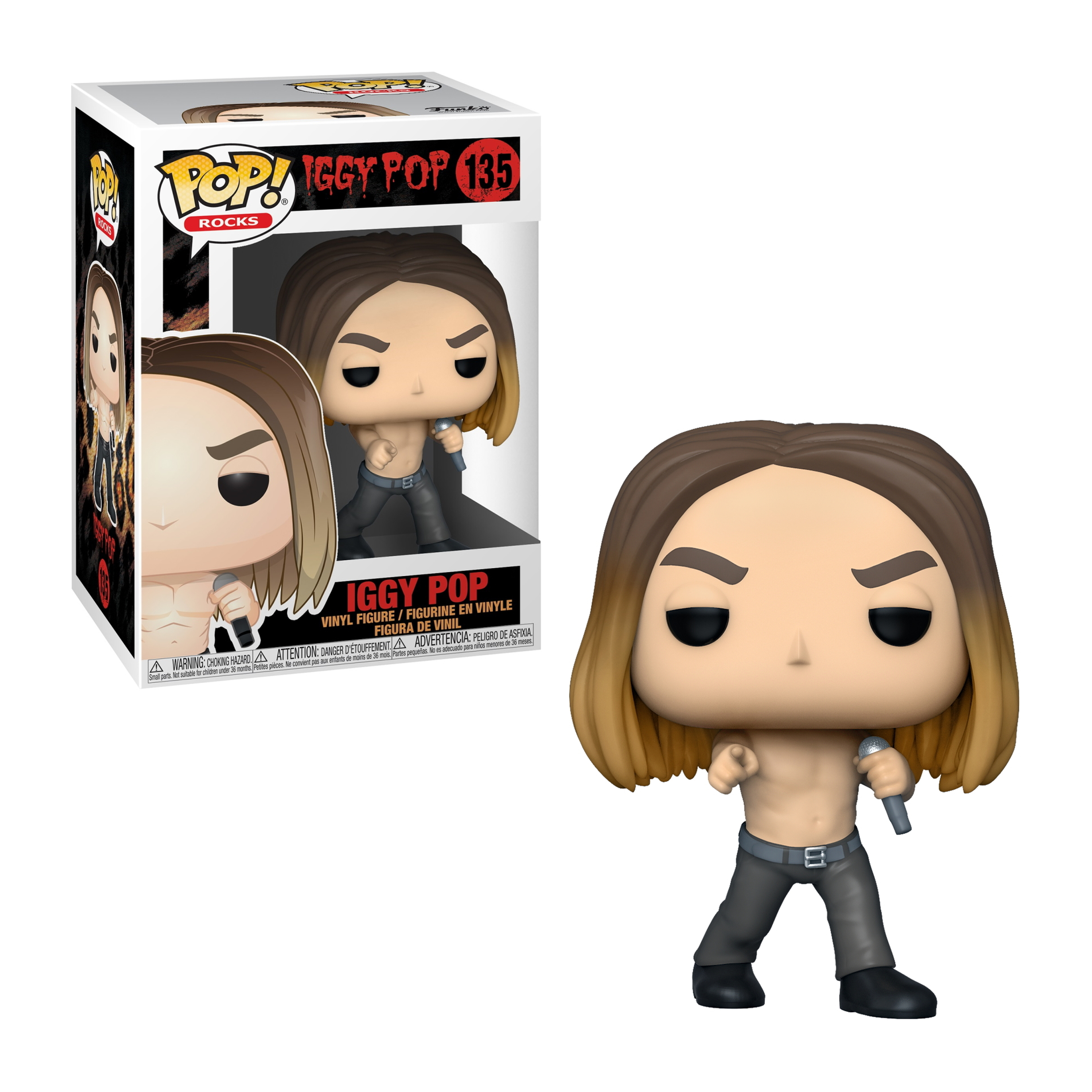 Figura Funko Pop di Iggy Pop, senza maglietta, con microfono, capelli castani e scatola.