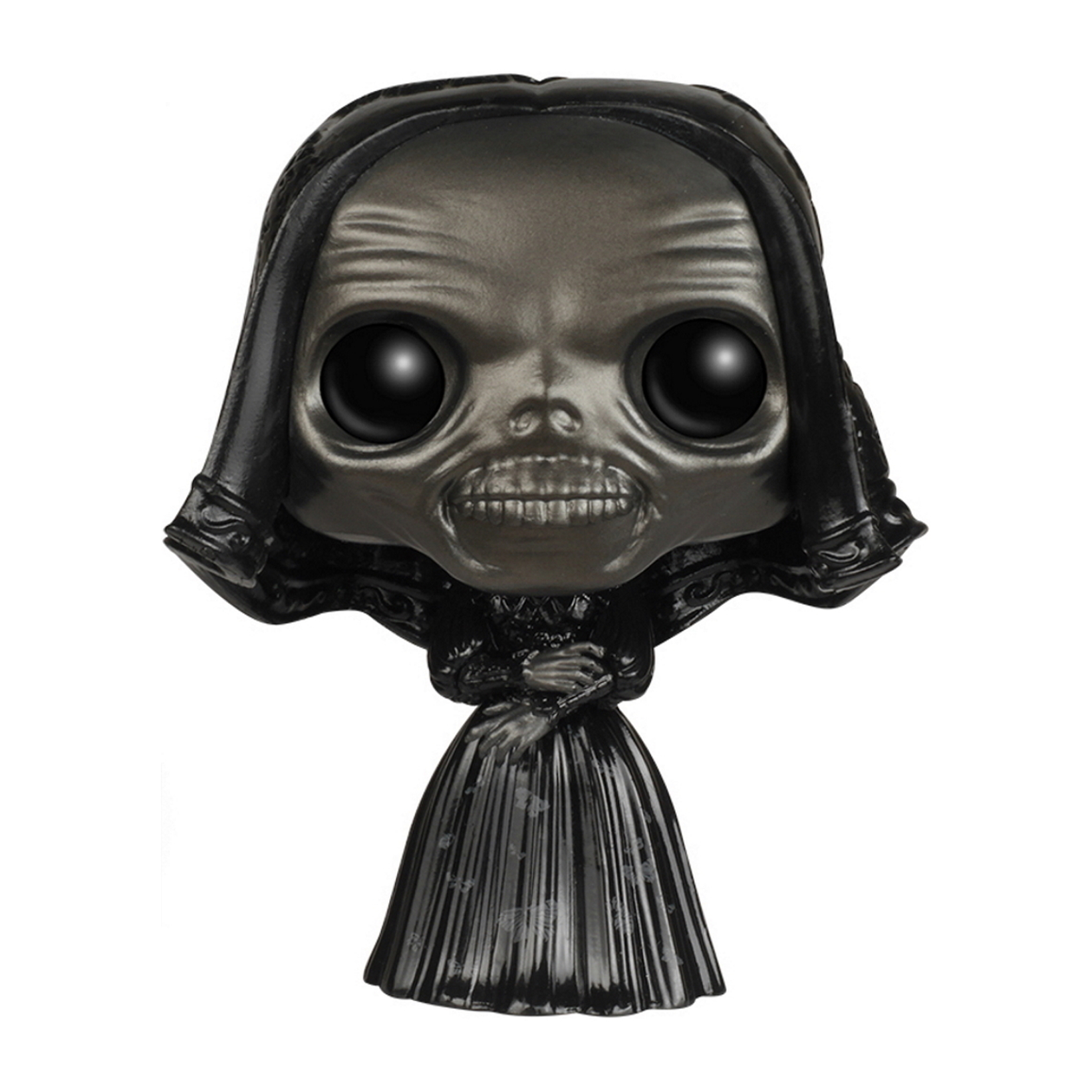 Eine Funko Pop Figur einer dunklen, blassen Frau mit großen schwarzen Augen, trägt ein schwarzes Kleid und Schleier.