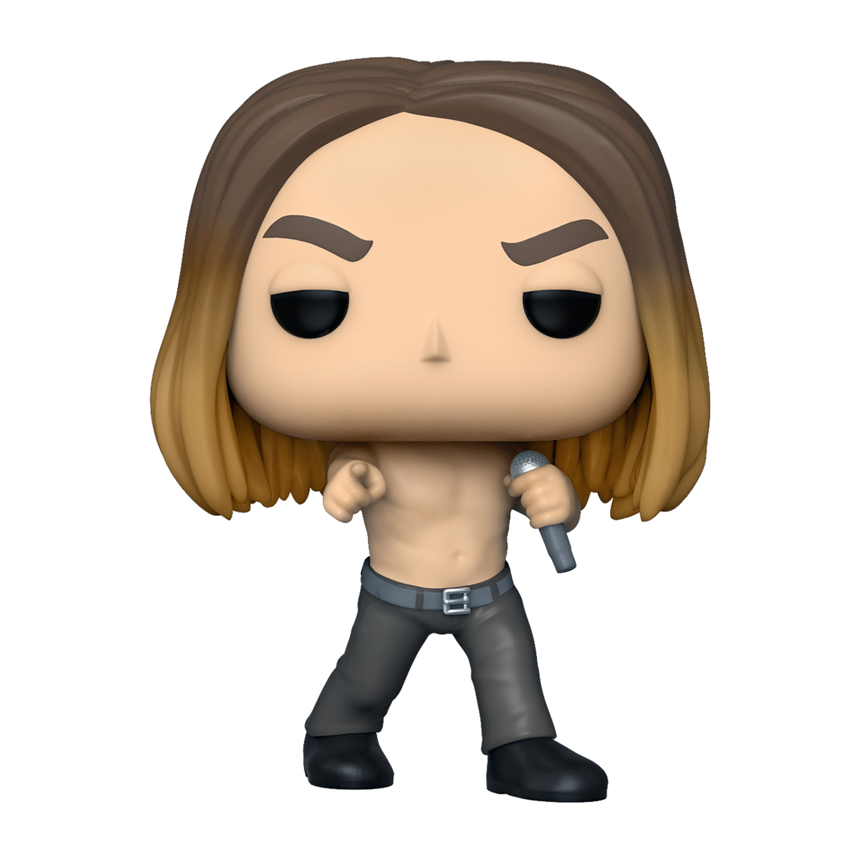 Figura Funko Pop di un uomo senza maglietta con capelli lunghi che tiene un microfono.