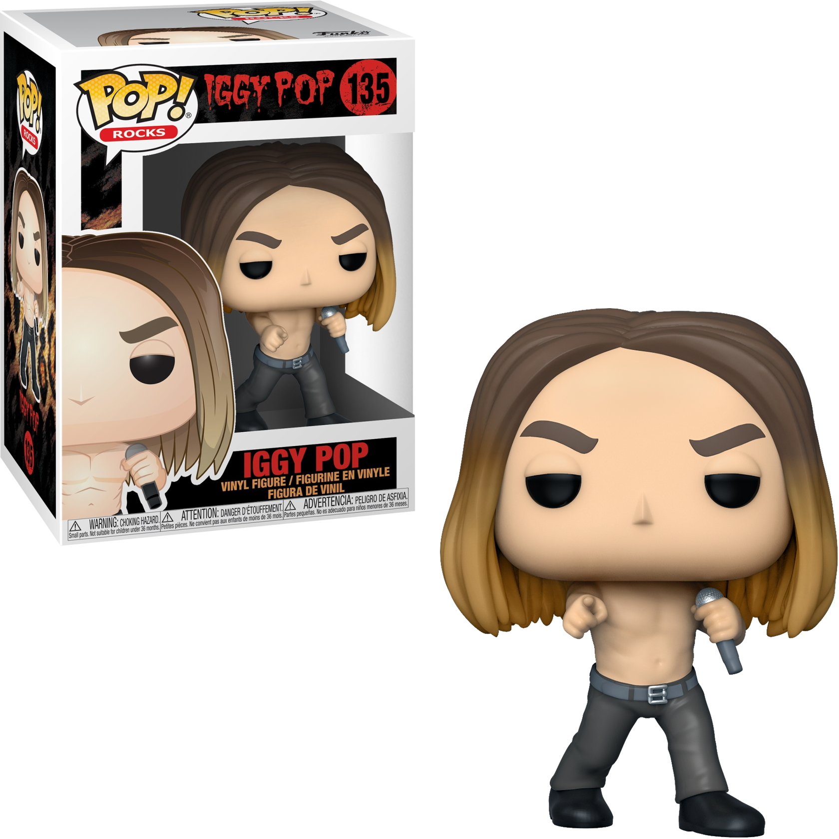 Figura Funko Pop di Iggy Pop, senza maglietta, con microfono e pantaloni grigi, con scatola.