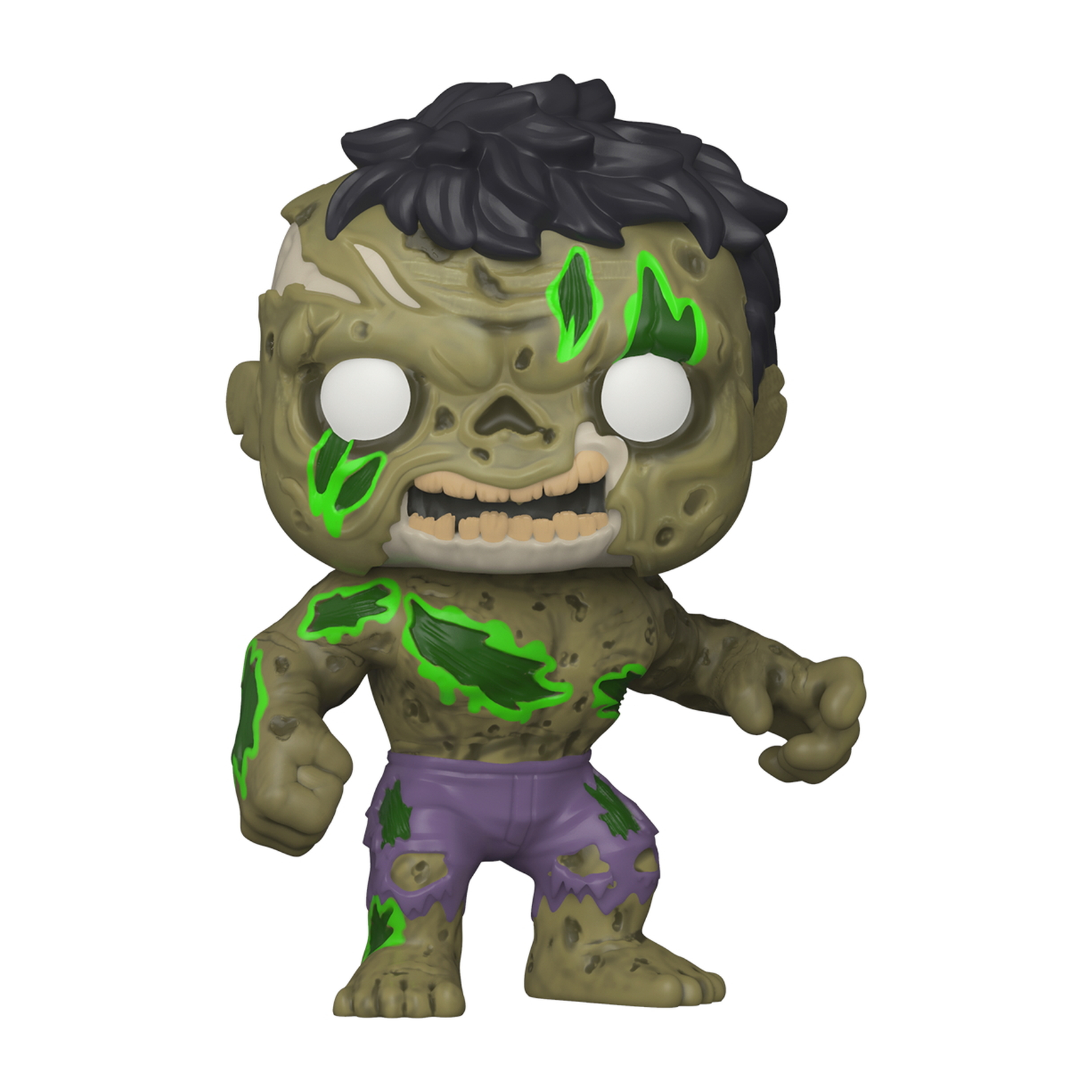 Hulk Zombie Figur. Es ist grün mit sichtbaren Knochen und zerrissenen lila Hosen. Es ist ein Zombie.