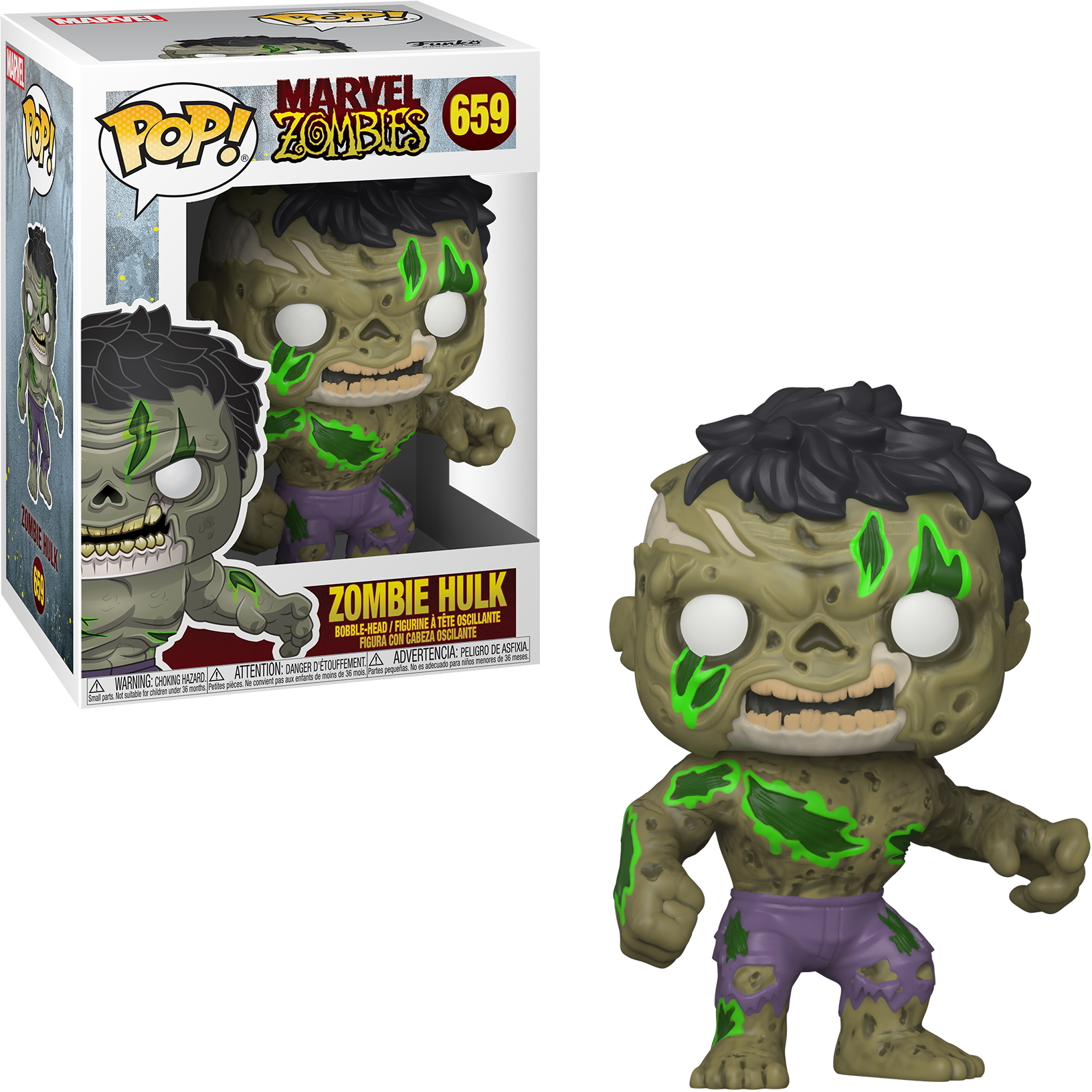 Zombie Hulk Spielfigur. Grüne Haut mit grünen Highlights. Lila Hose, schwarze Haare und Zombiegesicht.