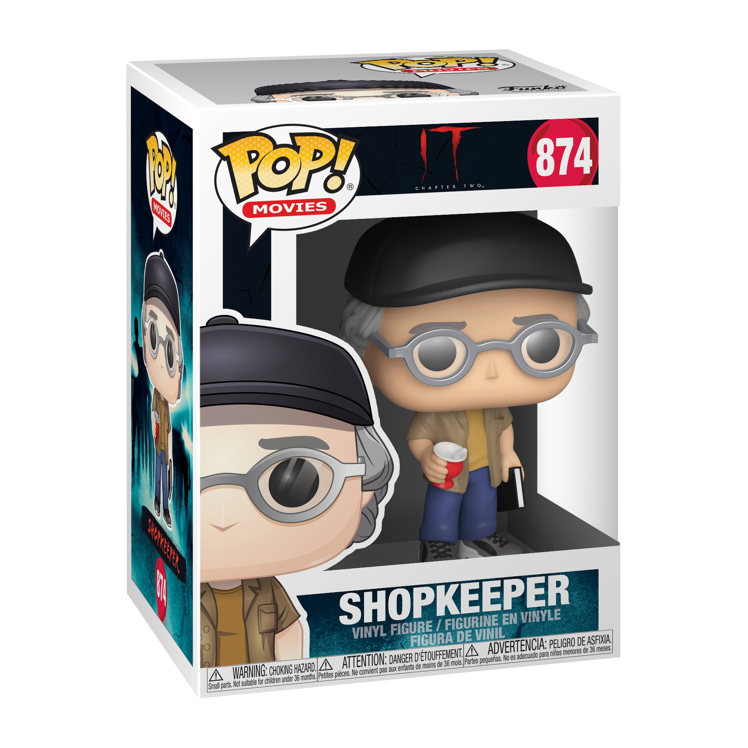 Figura Pop di Shopkeeper in una scatola. Indossa occhiali e berretto, con una tazza di caffè. La scatola ha il titolo.