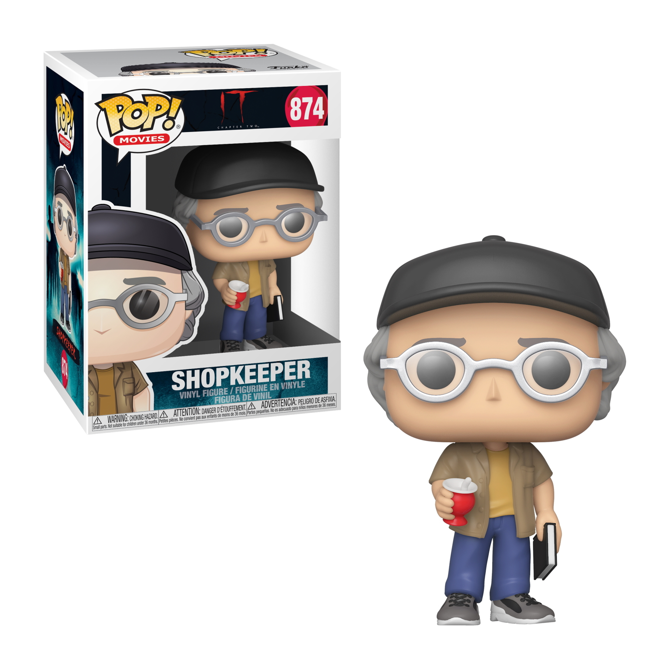 Una figura Funko Pop di un negoziante, che tiene una tazza e un libro.