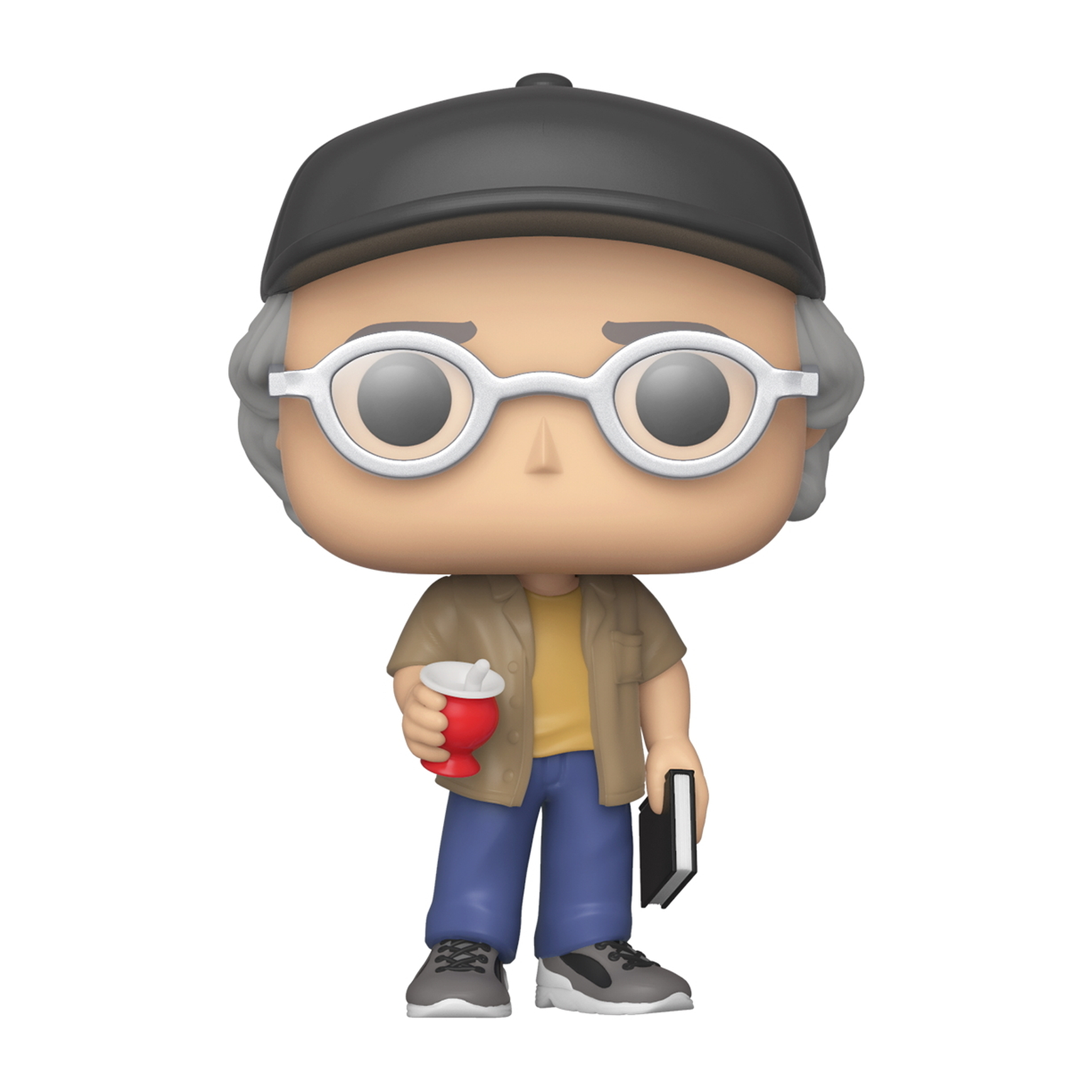 Figura Funko Pop di un uomo con occhiali, berretto, che tiene una tazza e un libro.