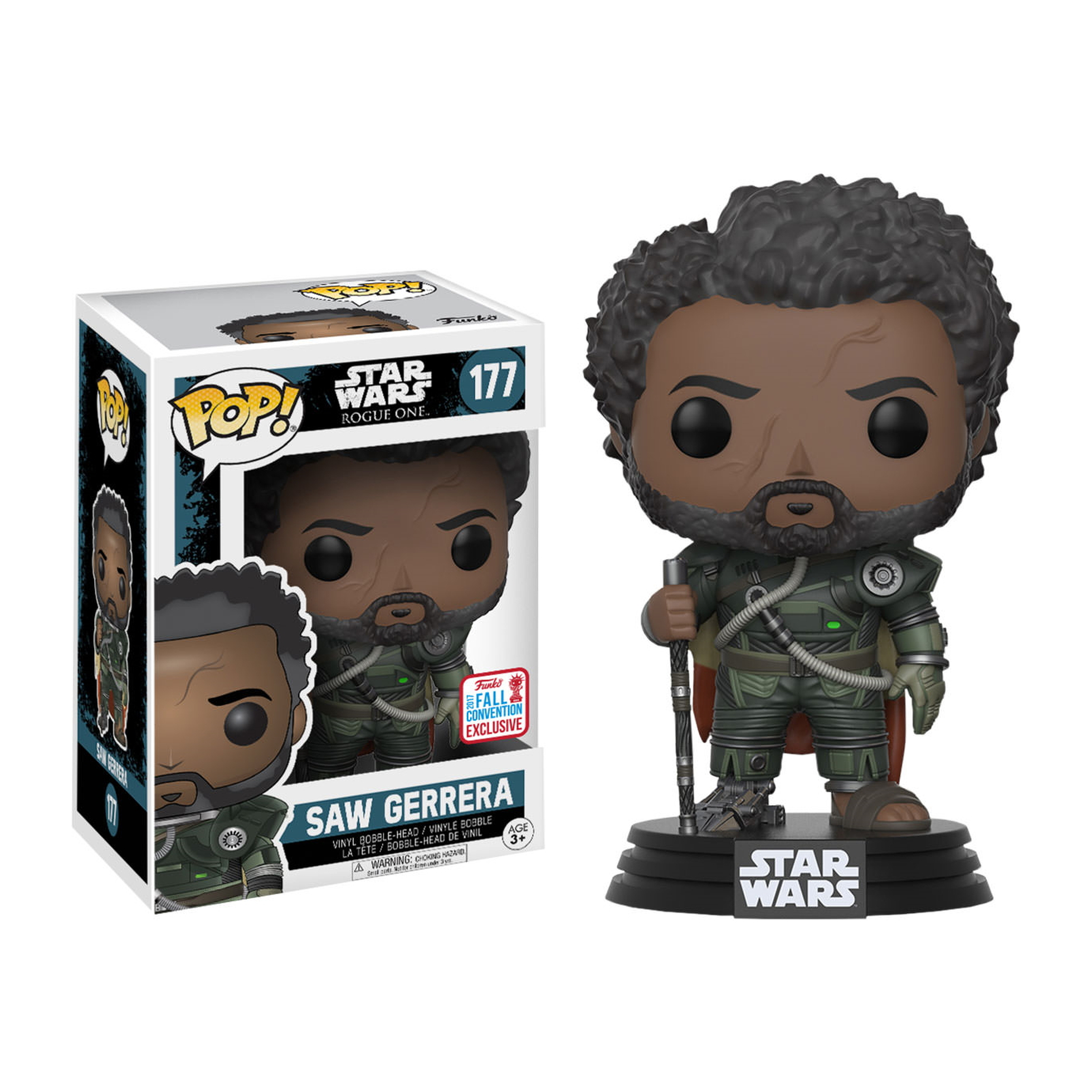 Saw Gerrera Funko Pop Figur aus Star Wars, in grüner Rüstung, hält Stab, mit Box.