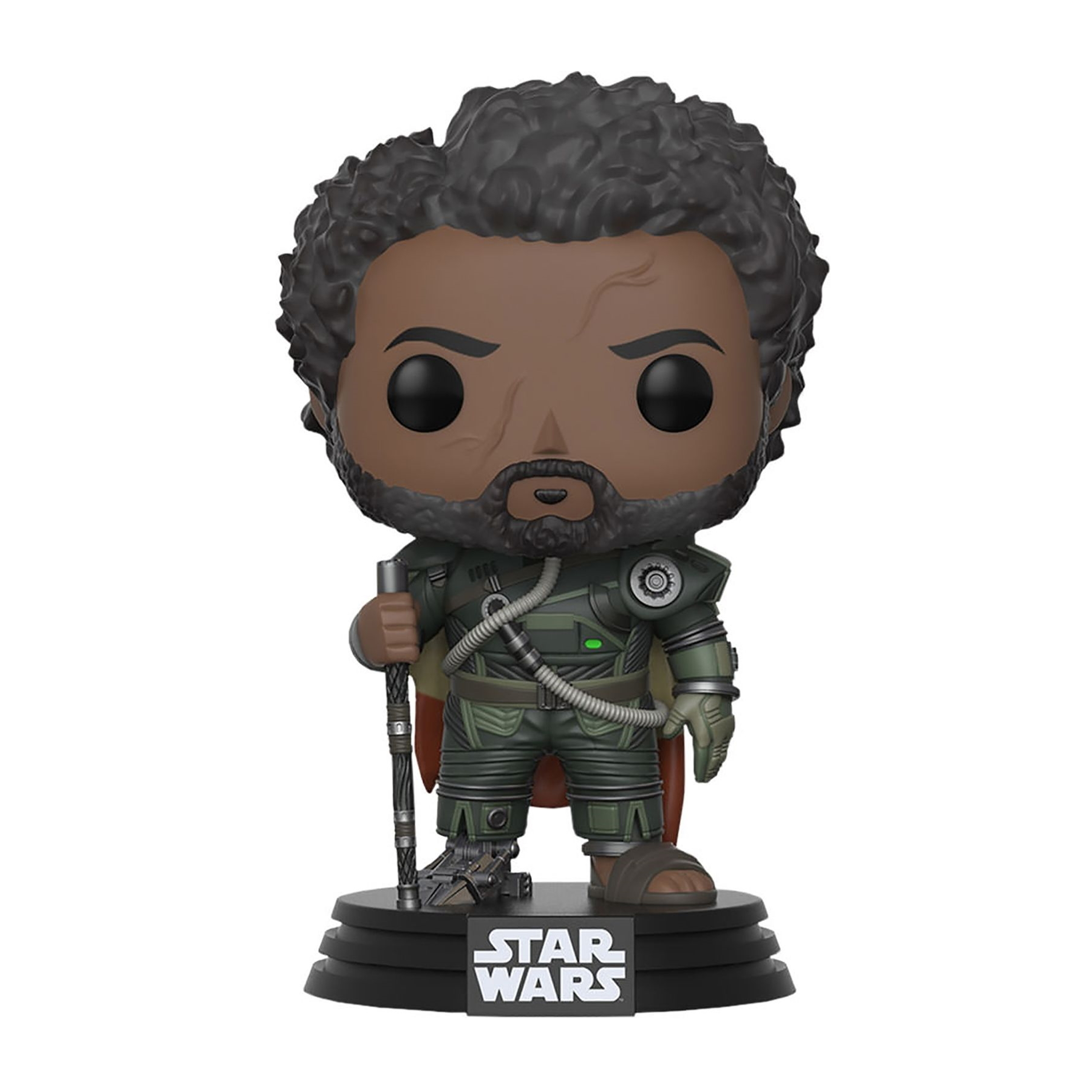 Star Wars Figur. Schwarzer Mann mit kurzen Haaren und Bart, trägt einen grünen Anzug, hält einen Stab.