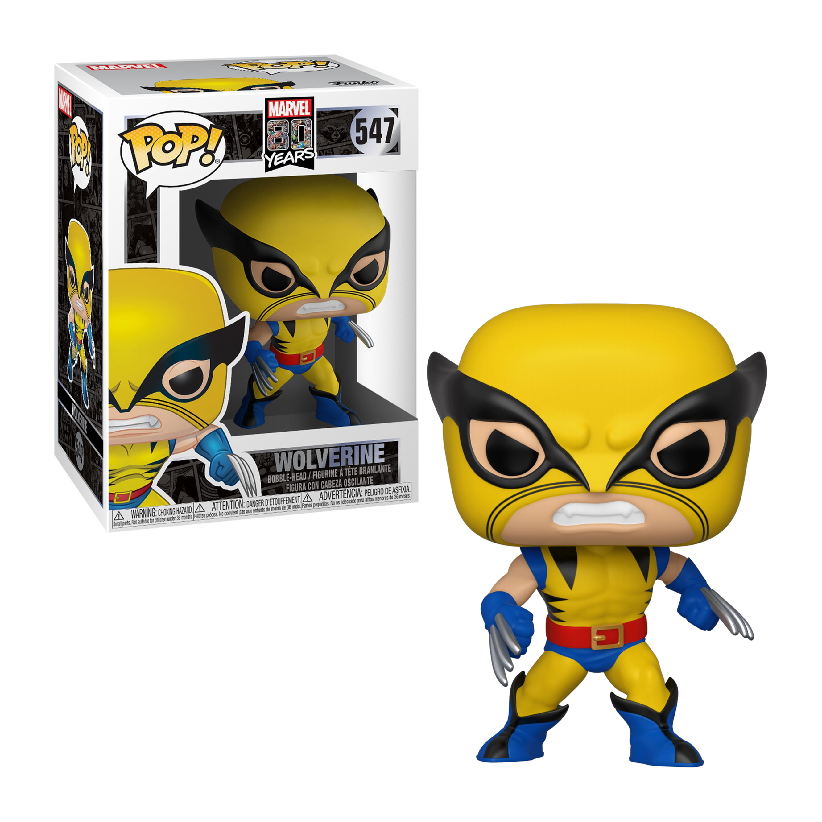 Funko Pop Wolverine'a, żółto-niebieski kostium, wysunięte pazury, wściekła twarz.