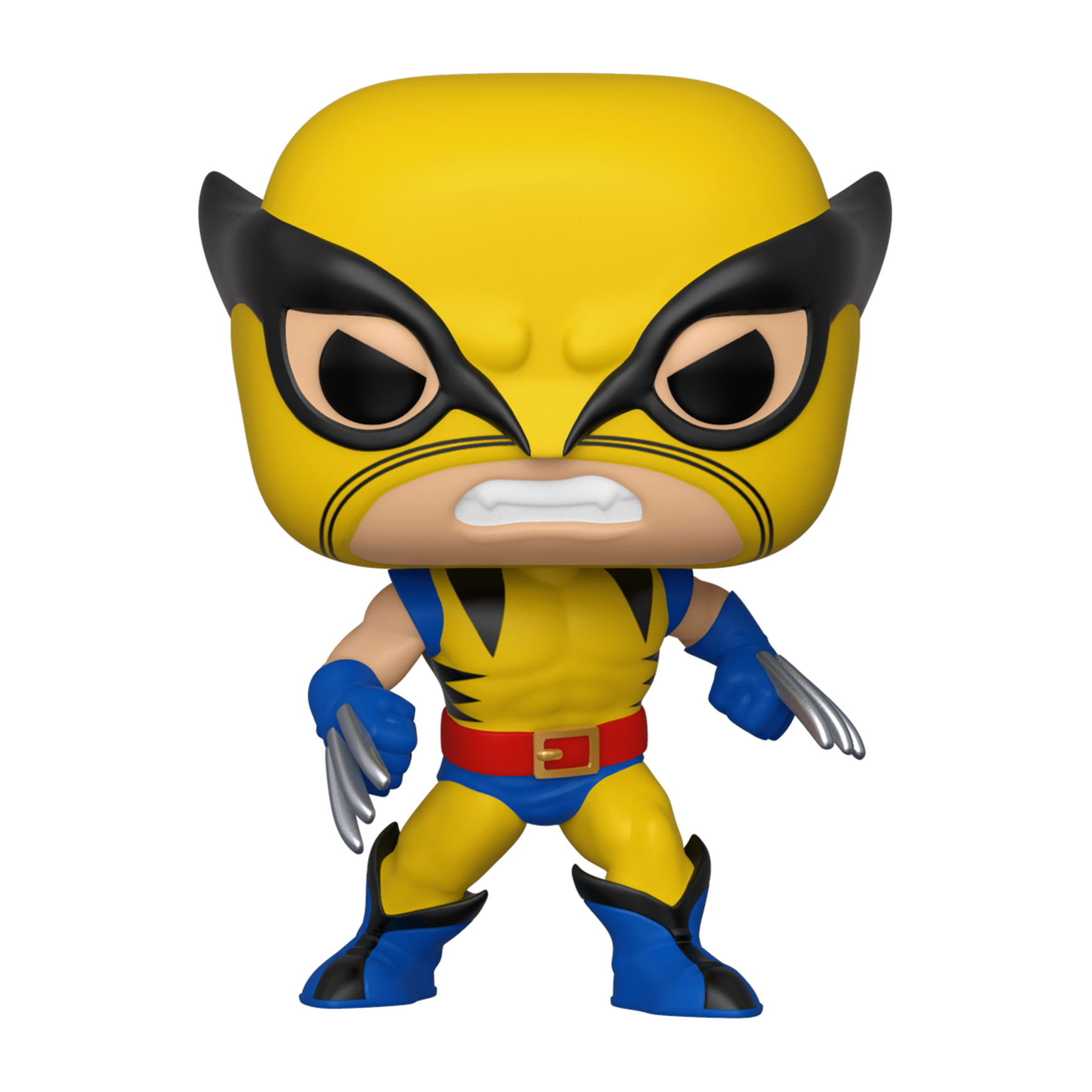 Funko Pop Wolverine w żółto-niebieskim kostiumie z pazurami, z pudełkiem z boku.