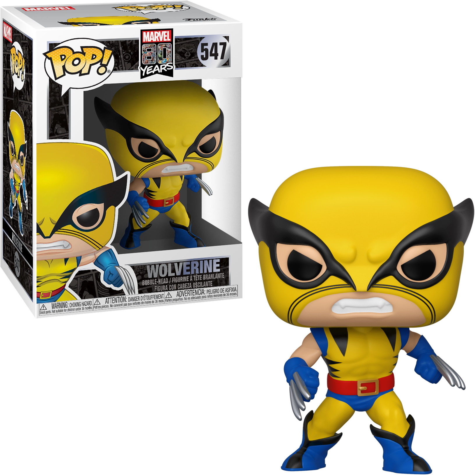 Figurka Wolverine Funko Pop. Żółto-czarny strój z pazurami. Pudełko z figurką i logo.
