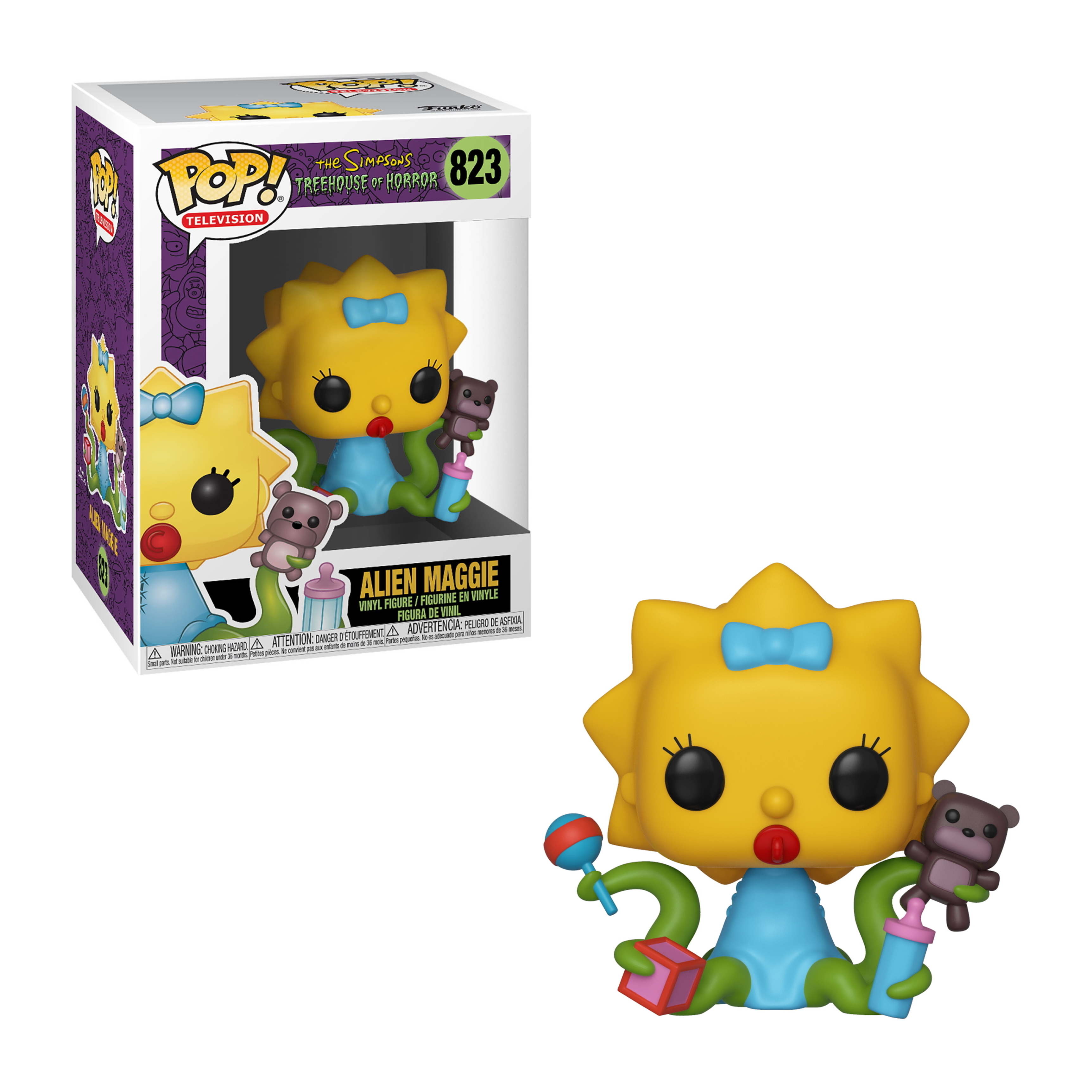 Figura di Maggie Simpson aliena con testa gialla, fiocco blu e giocattoli.