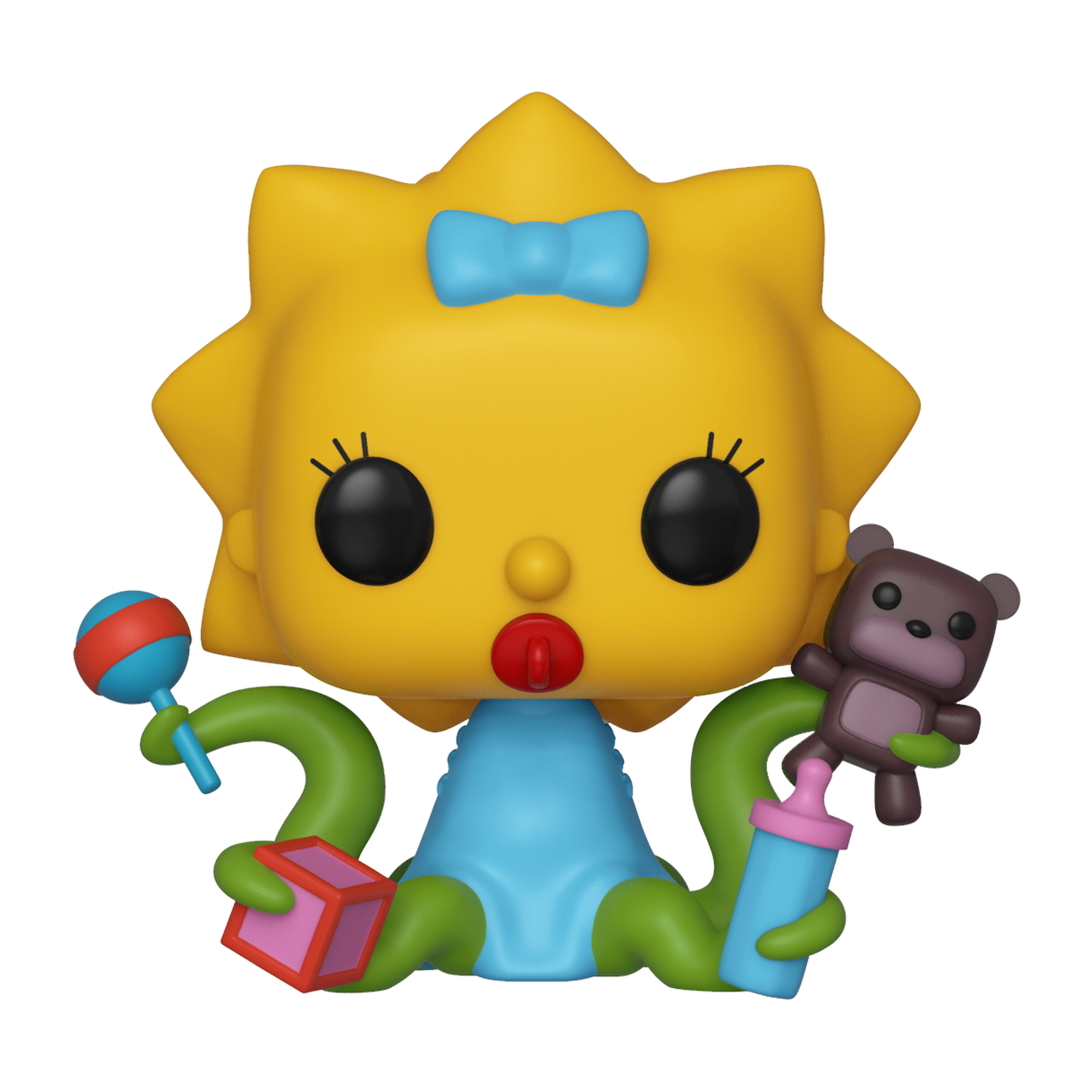 Una statuetta Funko Pop di Maggie Simpson con un sonaglio, un orsacchiotto, un blocco e un biberon.