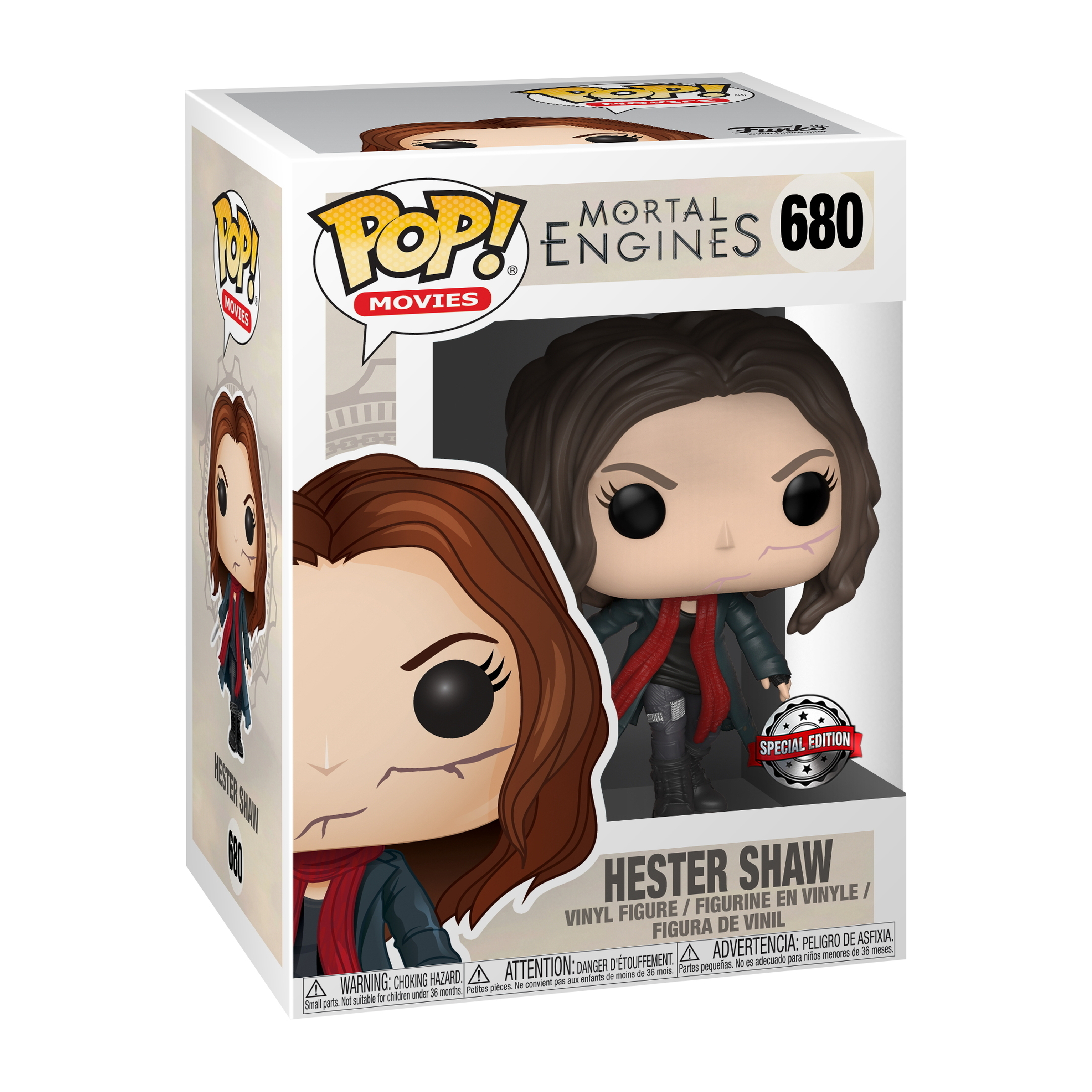 Boxed Funko Pop von Hester Shaw. Die Figur trägt einen roten Schal, eine schwarze Jacke und hat eine Narbe im Gesicht.