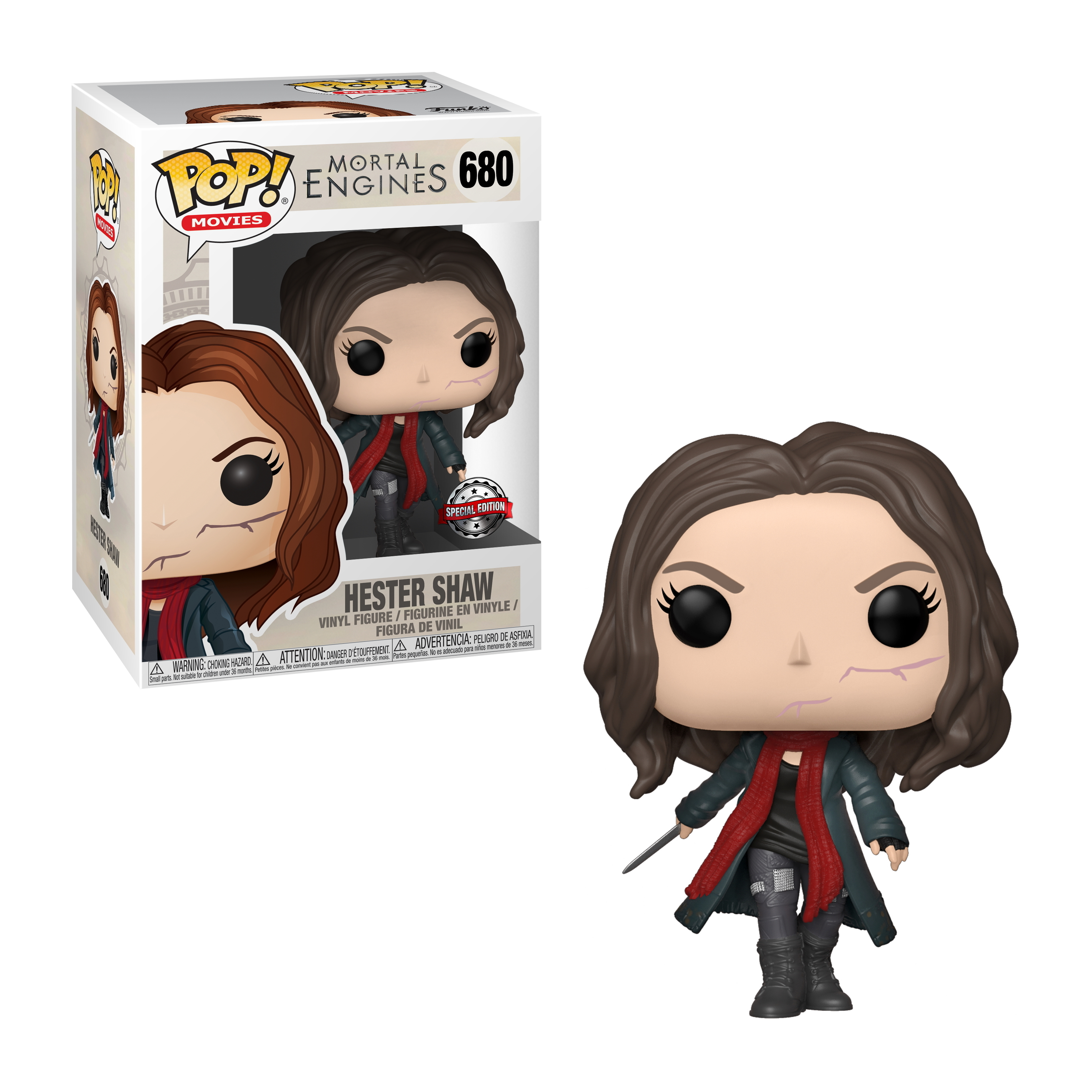 Hester Shaw Funko Pop Figur mit dunklen Haaren, rotem Schal, Narbe und Messer, neben einer Box.