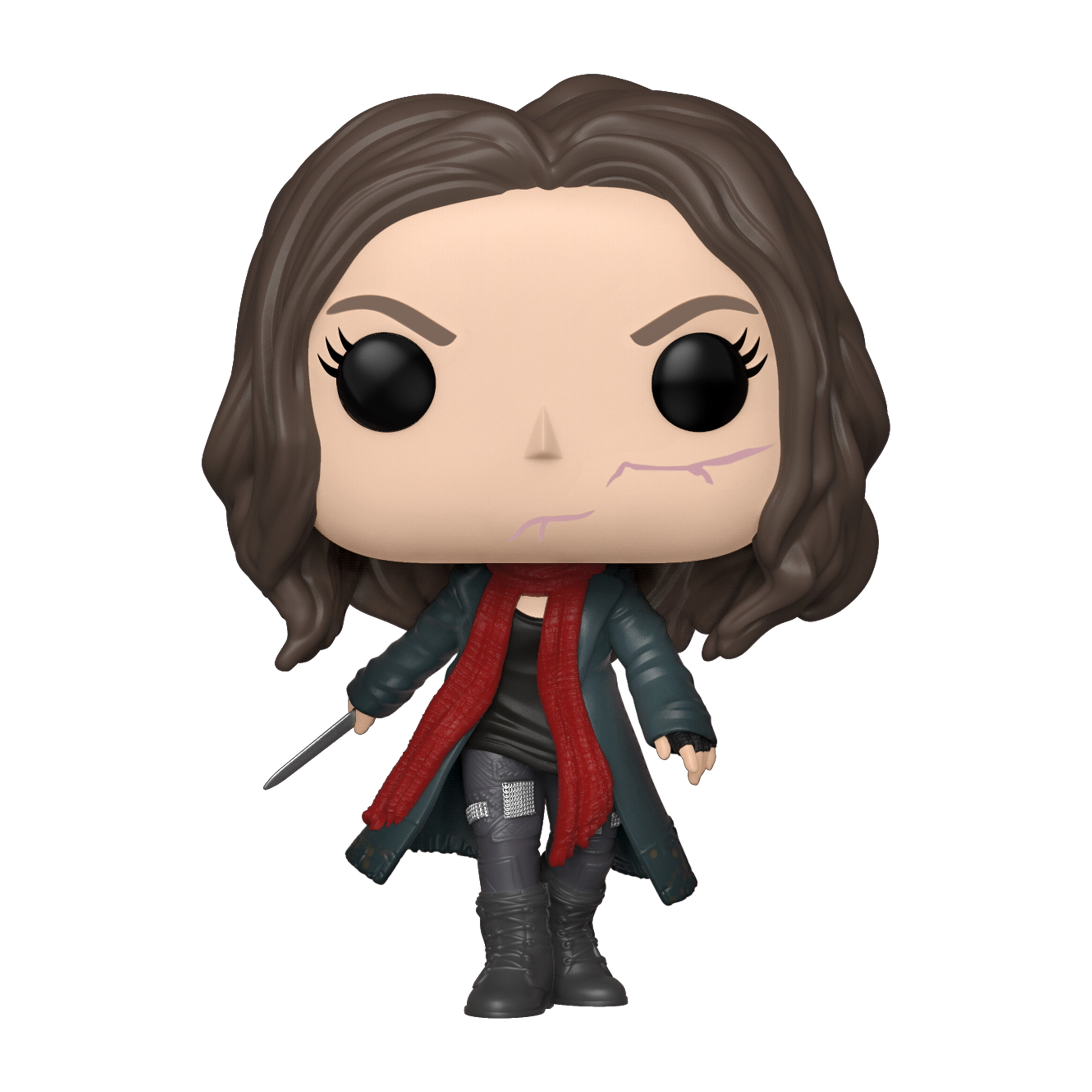 Funko Pop-Figur einer Frau mit braunen Haaren, Narbe und rotem Schal, die ein Messer hält.