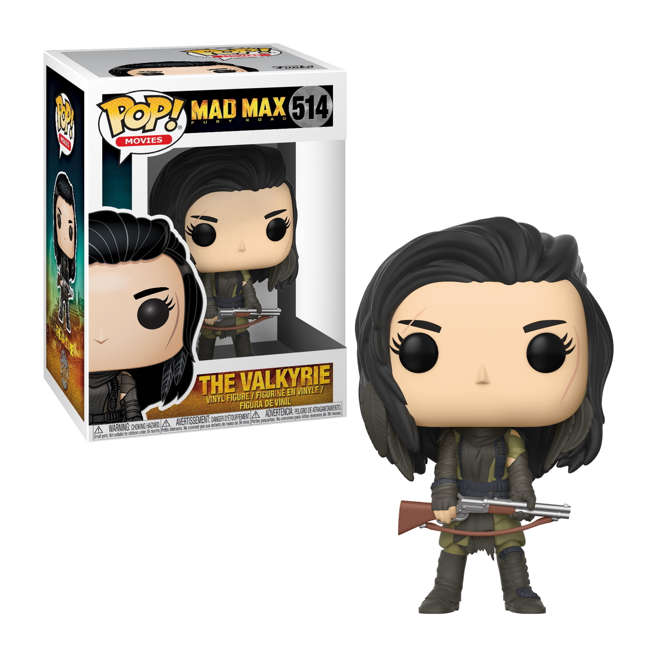 Eine Funko Pop Figur von The Valkyrie aus Mad Max, die ein Gewehr hält, neben ihrer Box steht.
