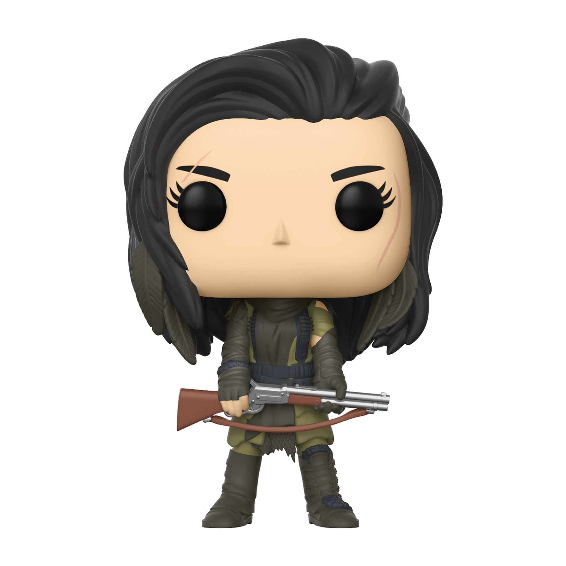 Arya Stark Funko Pop Figur, schwarzes Haar mit Narben, hält ein Gewehr, grüne Kleidung.