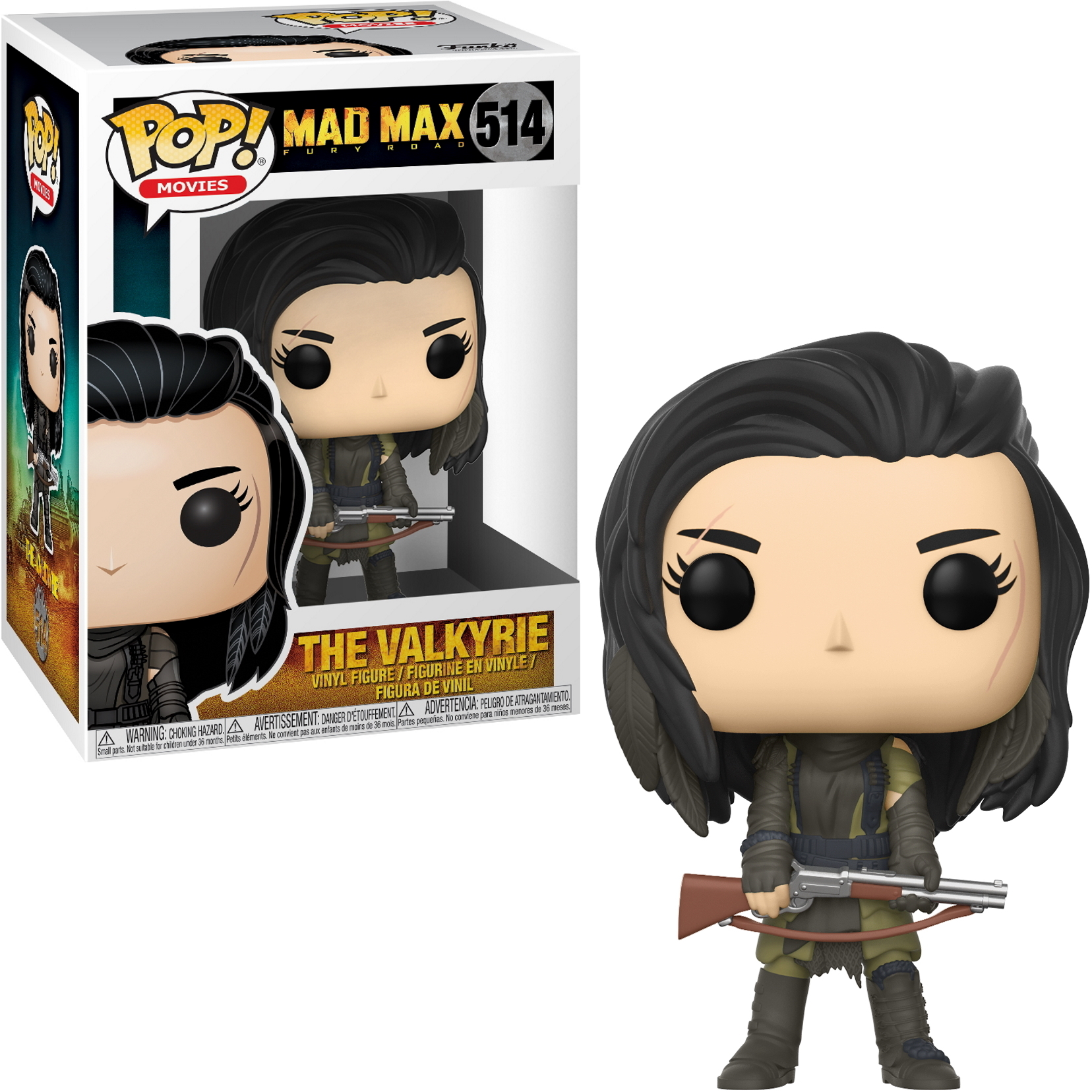 Ein Funko Pop von The Valkyrie, die eine Waffe hält, mit Box links.