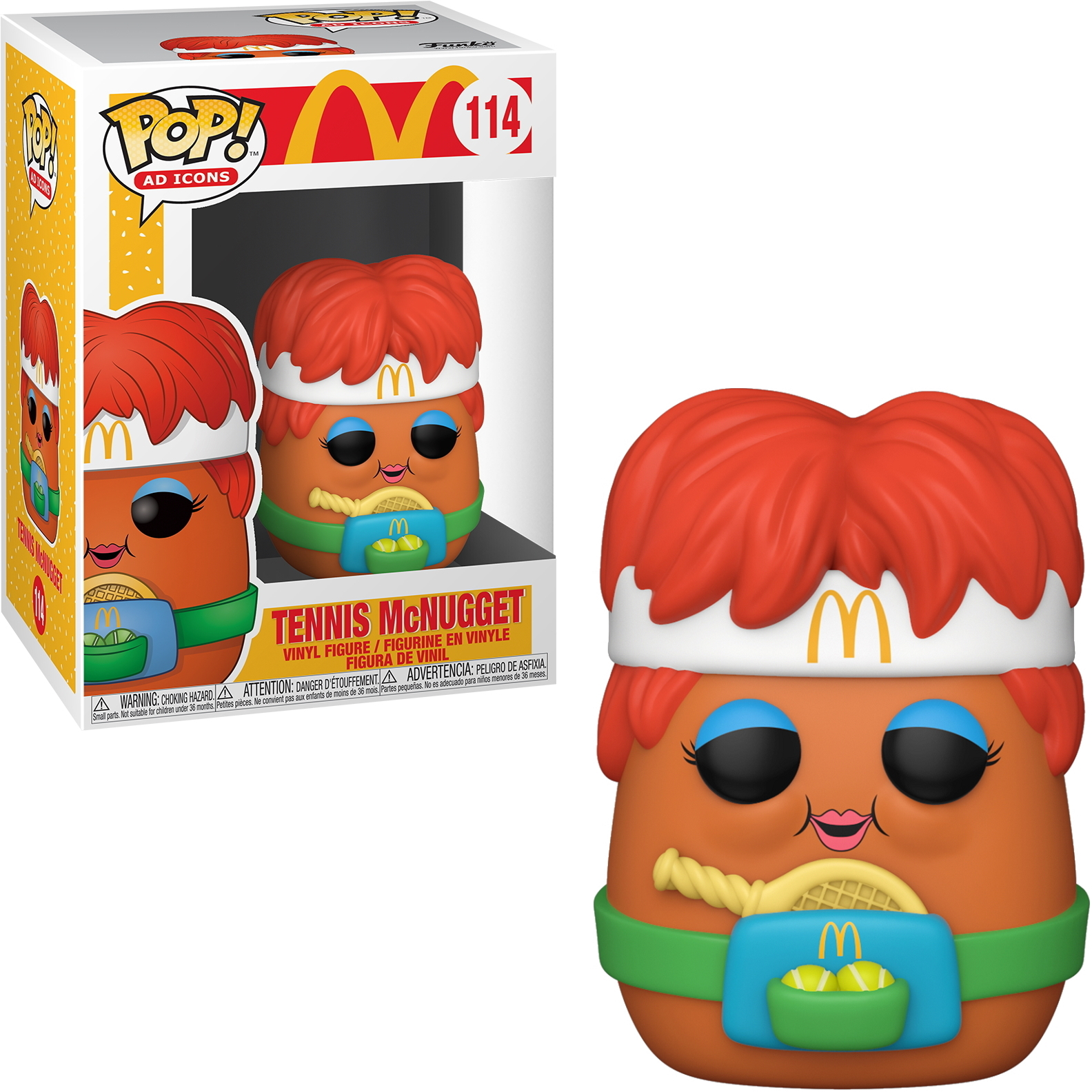 Funko Pop eines Nuggets mit Tennis-Haarband und Tennisschläger.