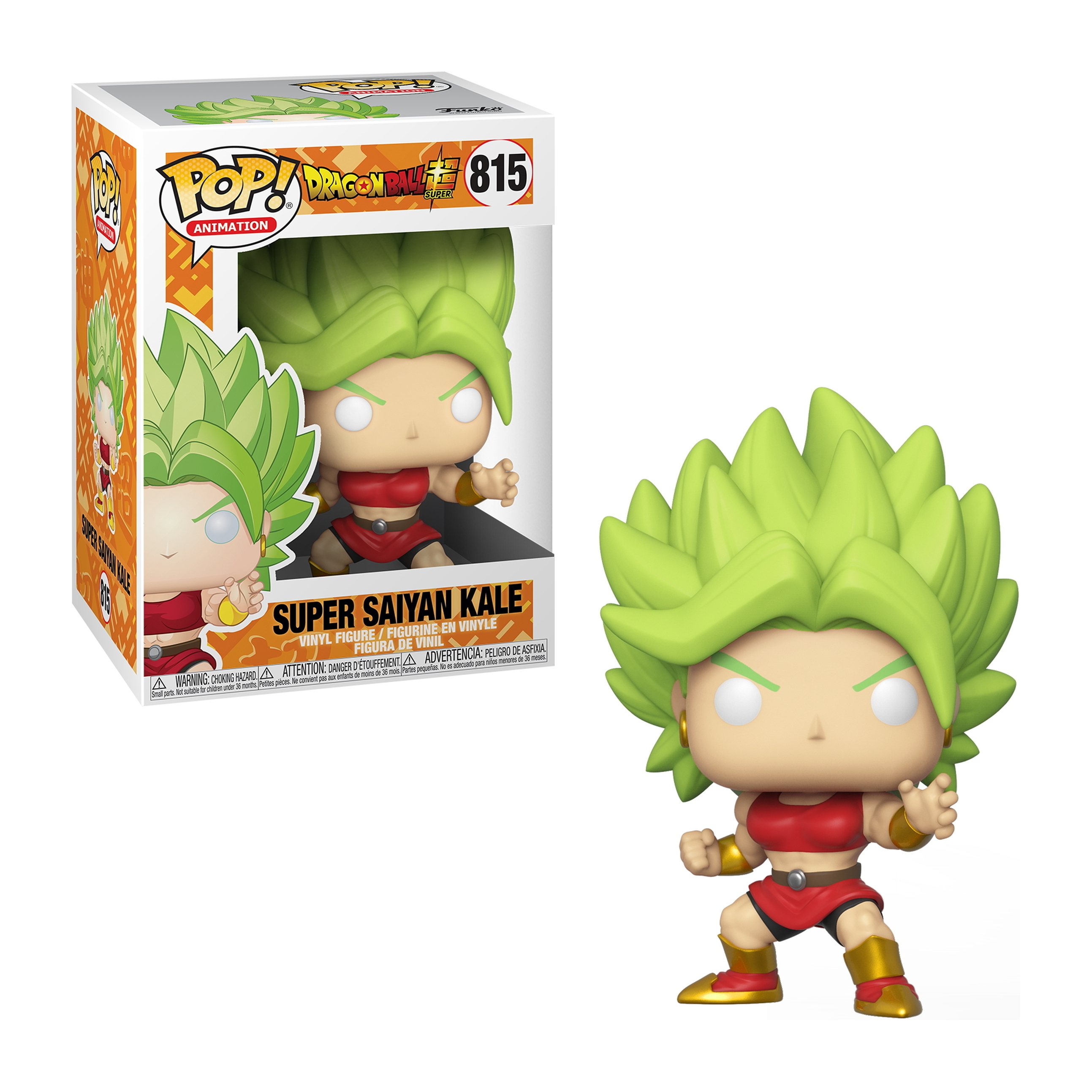 Super Saiyan Kale Funko Pop Figur mit Box. Grüne Haare, rotes Oberteil und gelbe Shorts.