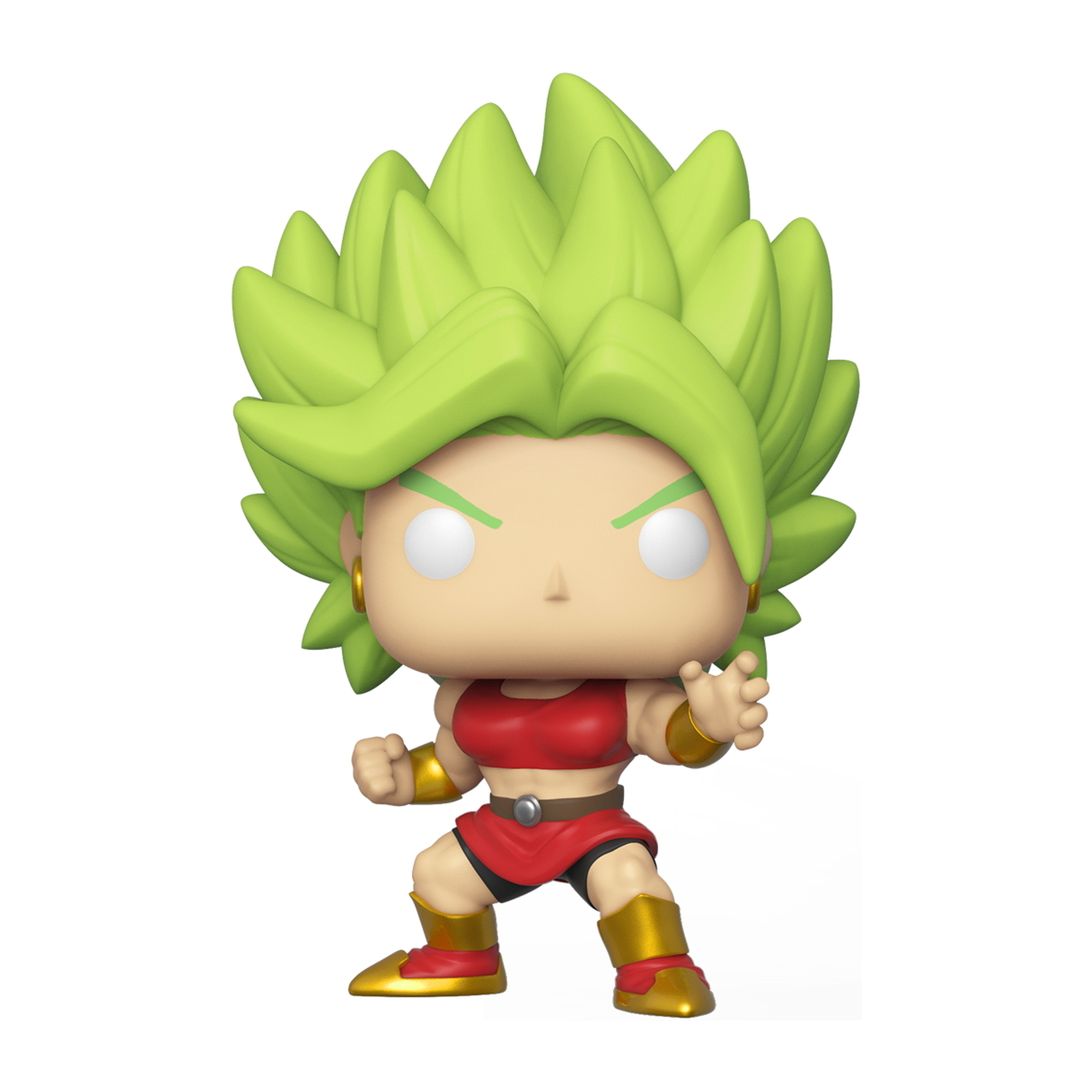 Grünhaarige Kale Funko Pop! Figur mit rotem Outfit und goldenen Armbändern und Stiefeln.