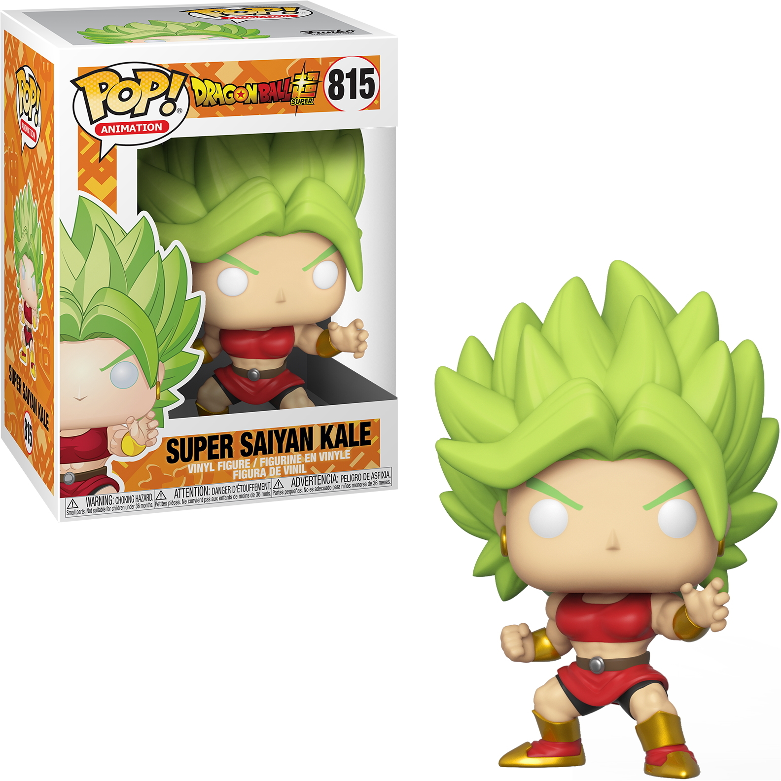 Super Saiyan Kale Figur mit grünen Haaren, trägt ein rotes Outfit. Sie ist in Kampfpose.