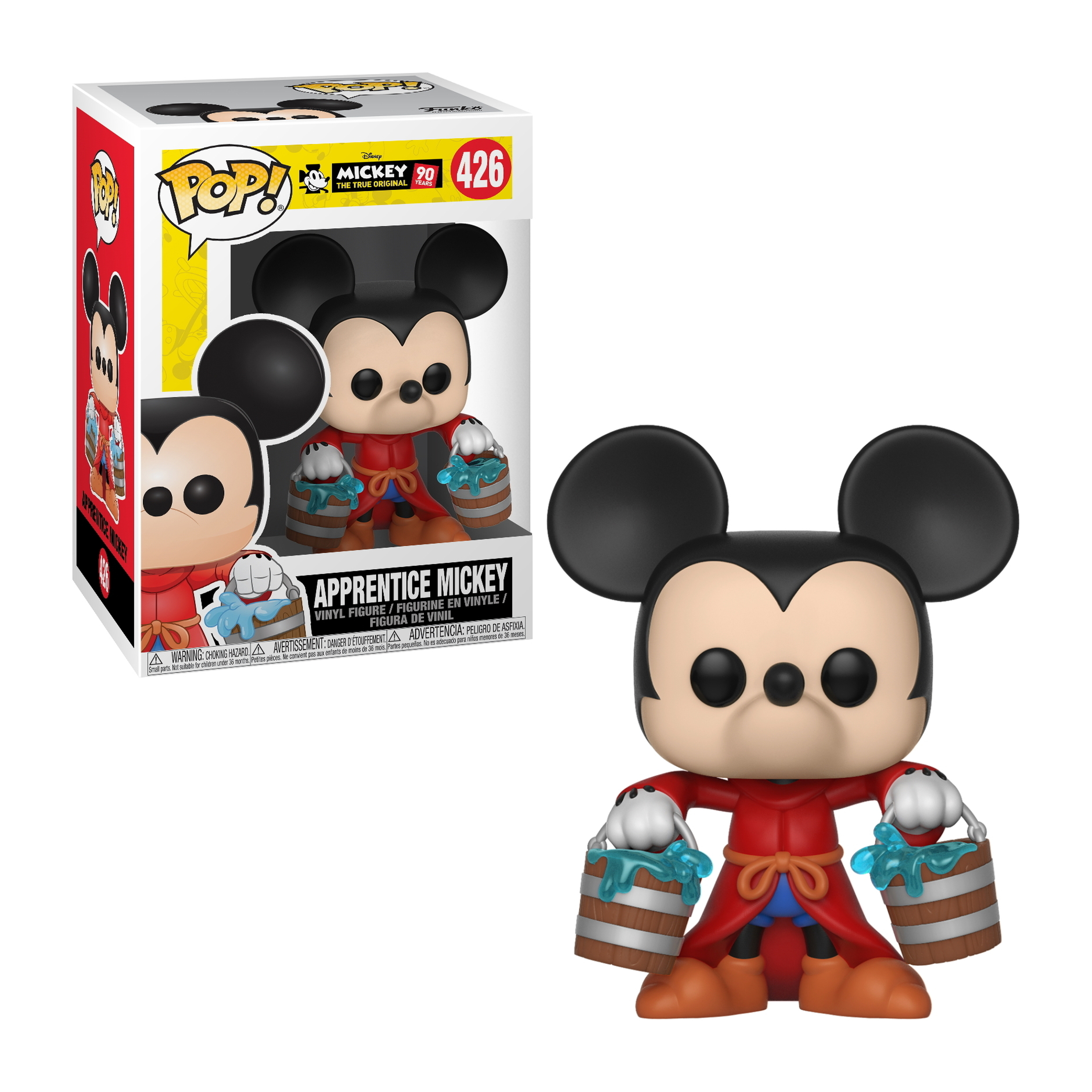 Funko Pop von Mickey Mouse in rotem Gewand, hält zwei Fässer, mit Box daneben.