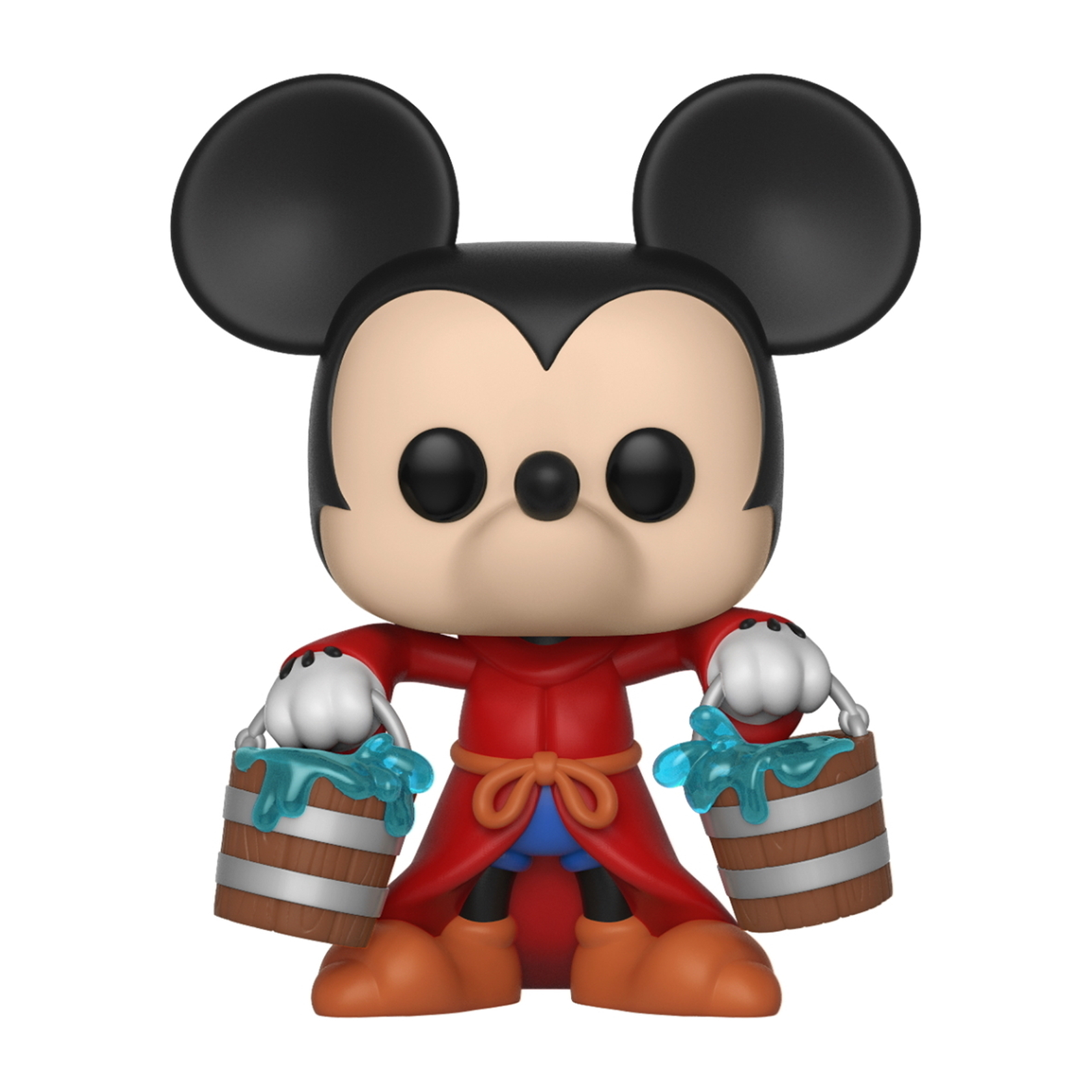 Mickey Mouse Figur mit rotem Gewand und Eimern. Mickey hat große Ohren und lächelt.