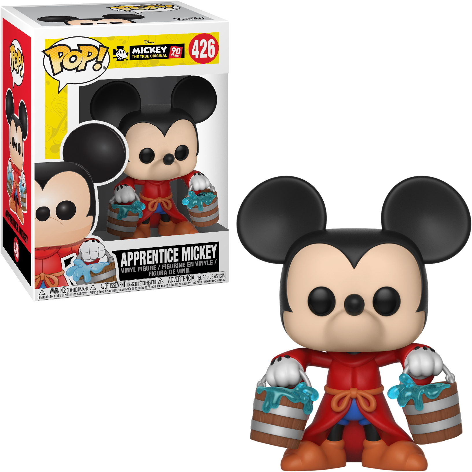 Lehrling Micky Maus, der Fässer hält, trägt einen roten Umhang und blaue Shorts, schwarze Ohren und eine Box.