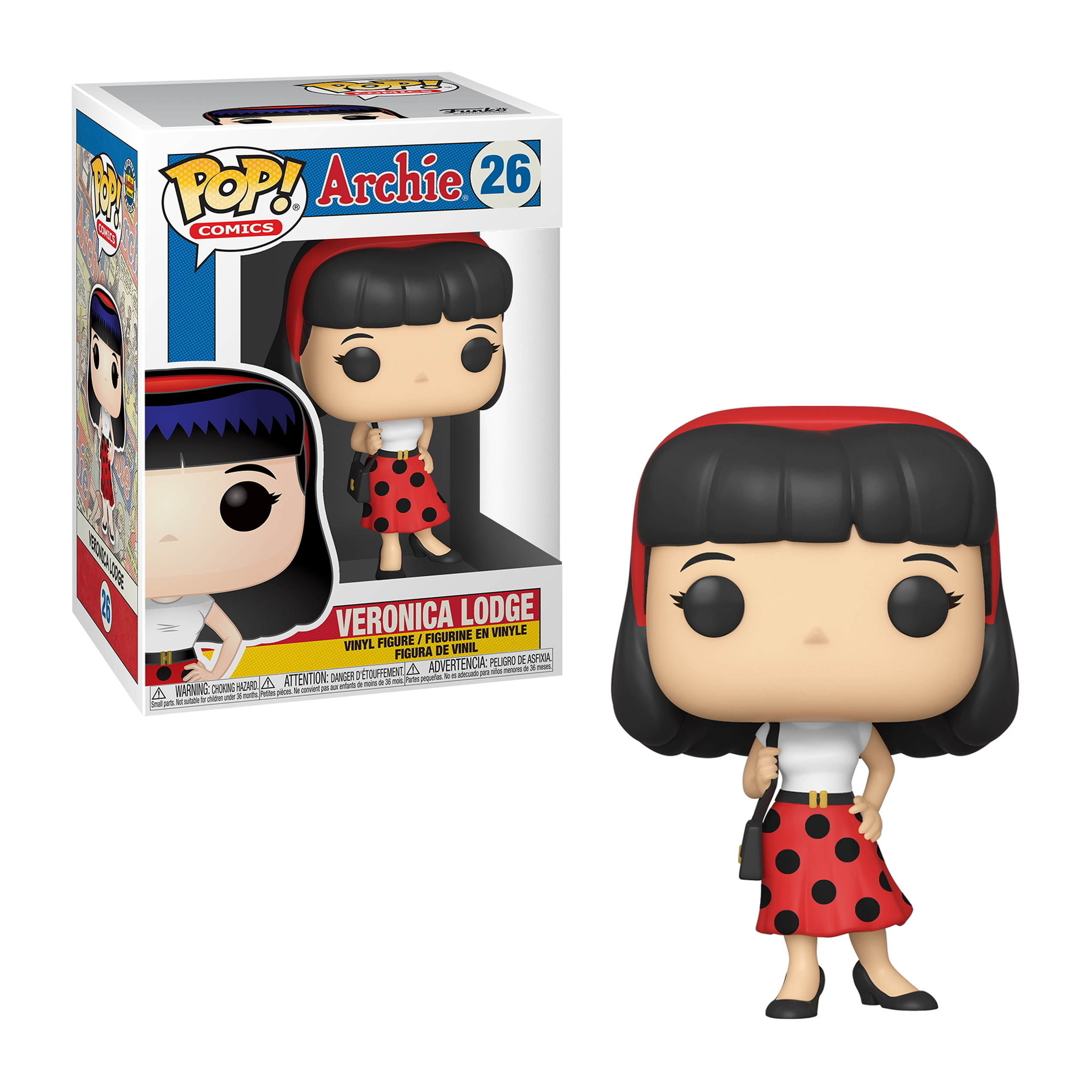 Veronica Lodge Funko Pop Figur mit rotem Rock, schwarzem Haar, hält eine Handtasche, mit Box im Hintergrund.