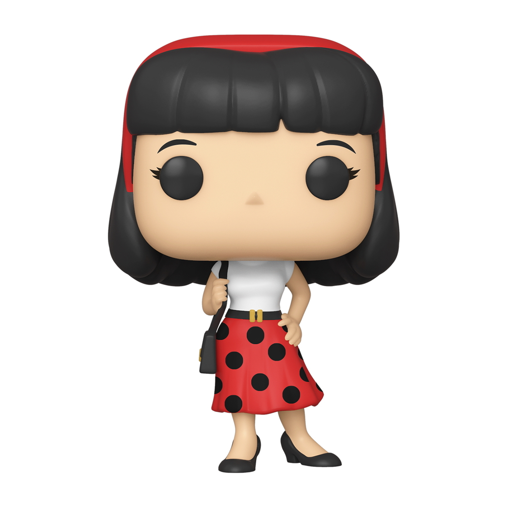 Betty Boop Pop! Figur. Eine Frau in rotem Rock mit schwarzen Punkten, trägt eine schwarze Handtasche.