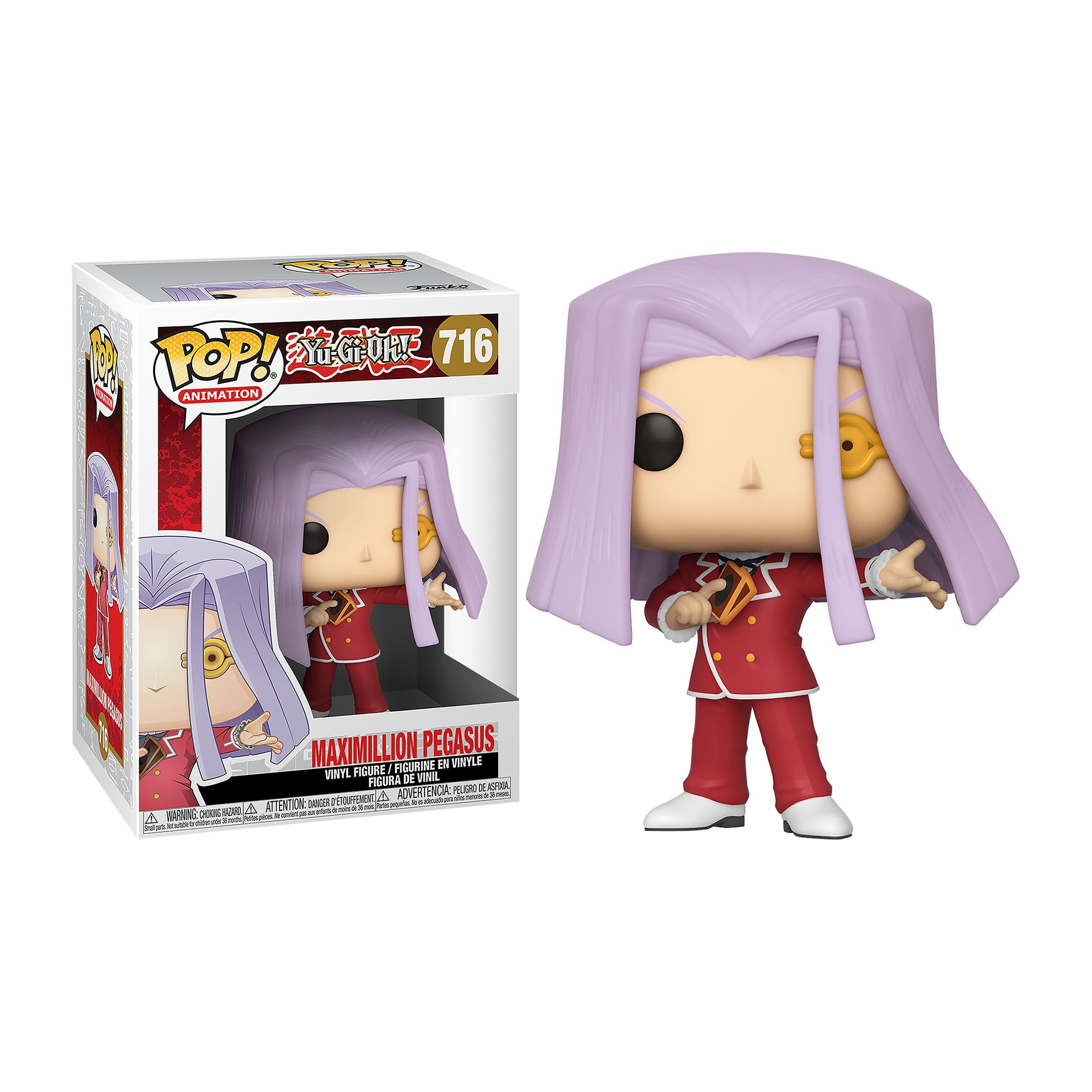 Maxmillian Pegasus Funko Pop Figur in rotem Anzug, mit langem, lila Haar und einem goldenen Ohrring.