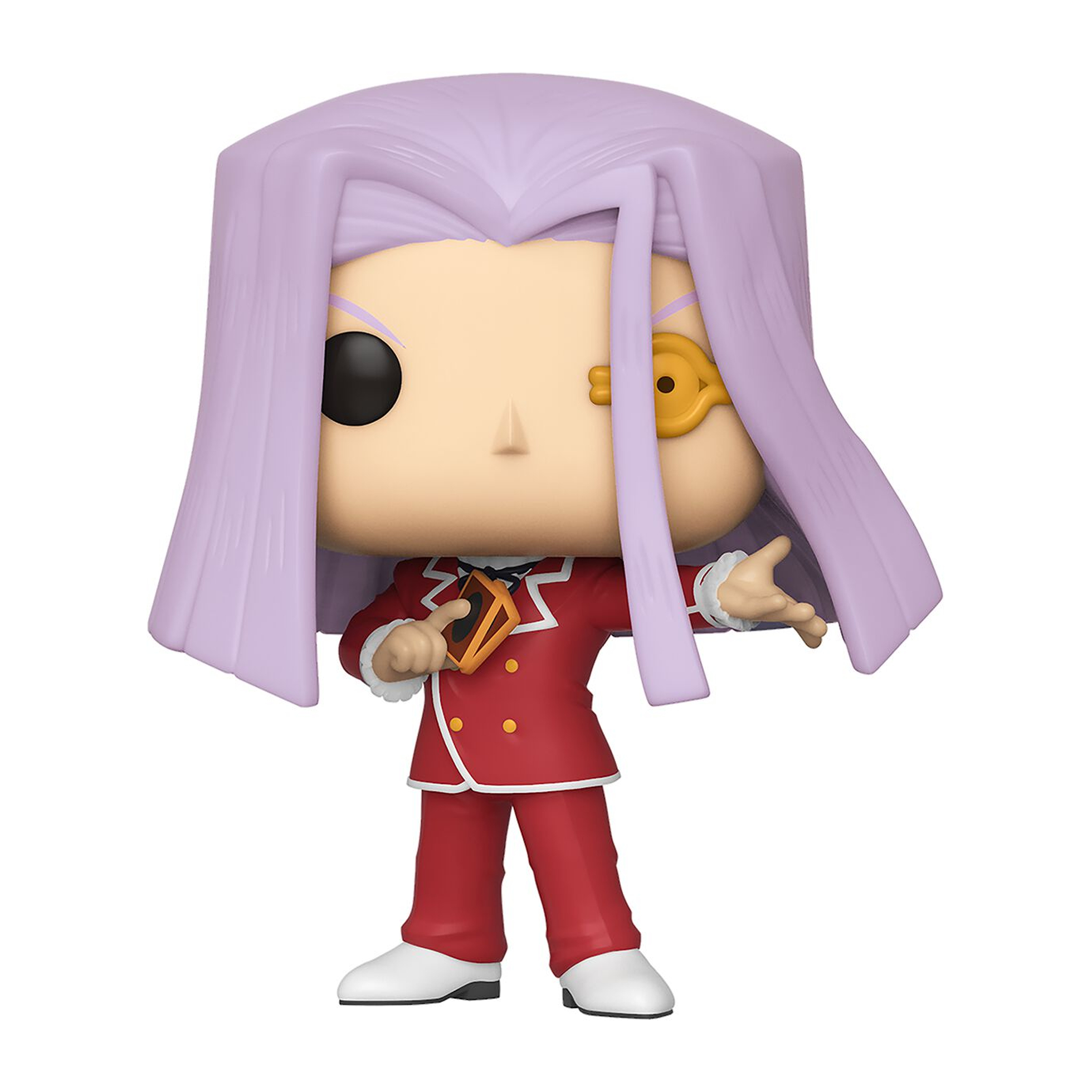 Ferdinand Pop-Figur in rotem Anzug, mit langen, hellvioletten Haaren.