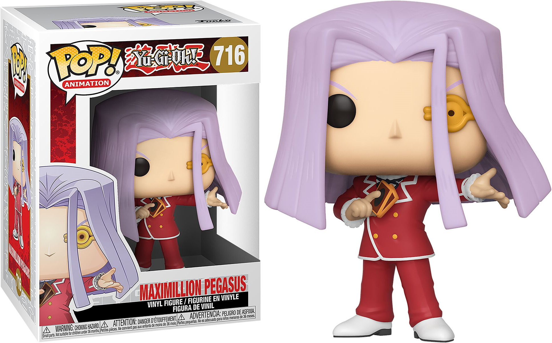 Maximillion Pegasus Funko Pop Figur. Trägt einen roten Anzug und hat lange lila Haare.