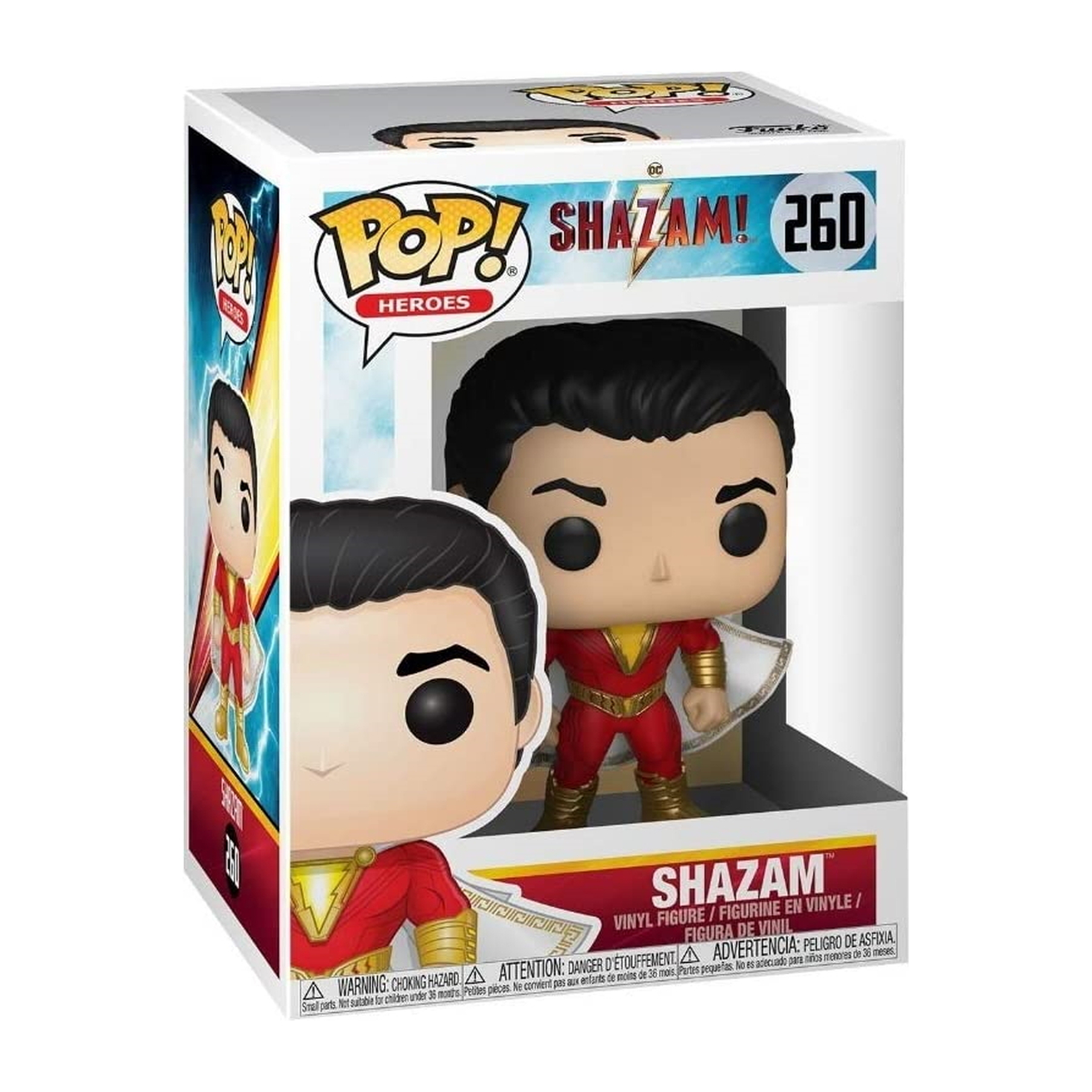 Shazam Funko Pop. Indossa un costume rosso con mantello bianco in una scatola.