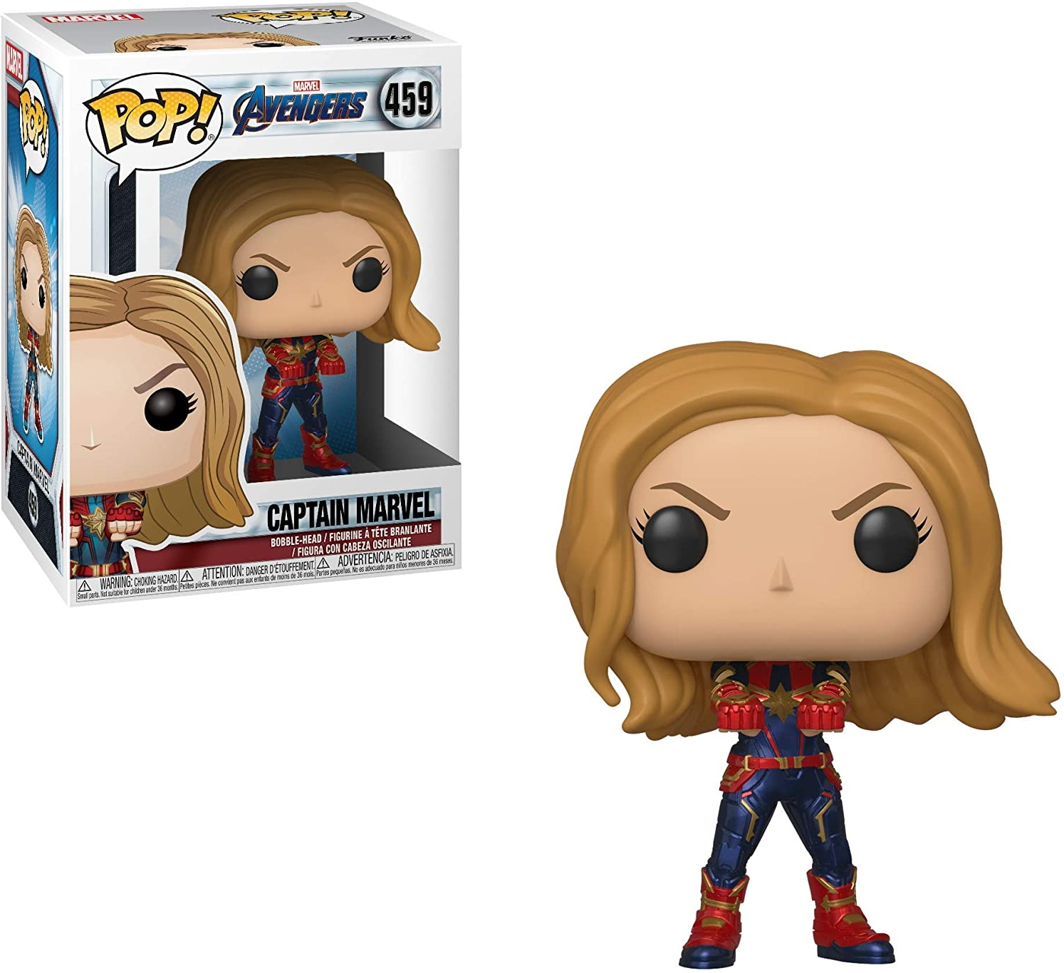 Figura Funko Pop di Captain Marvel, con le braccia conserte. Capelli biondi, abito rosso, blu e oro.